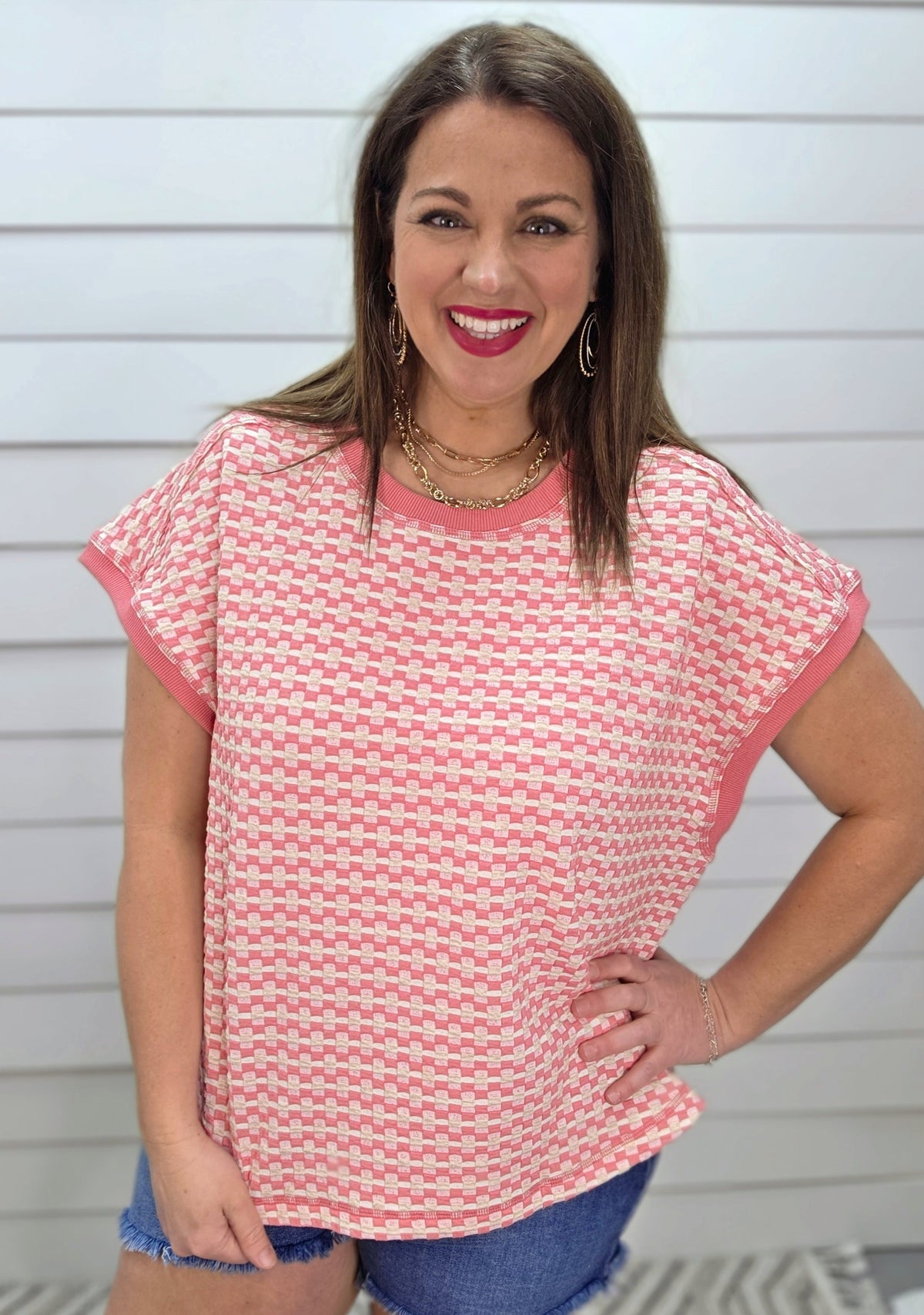 PINK/OATMEAL TEXTURED CHECK KNIT TOP