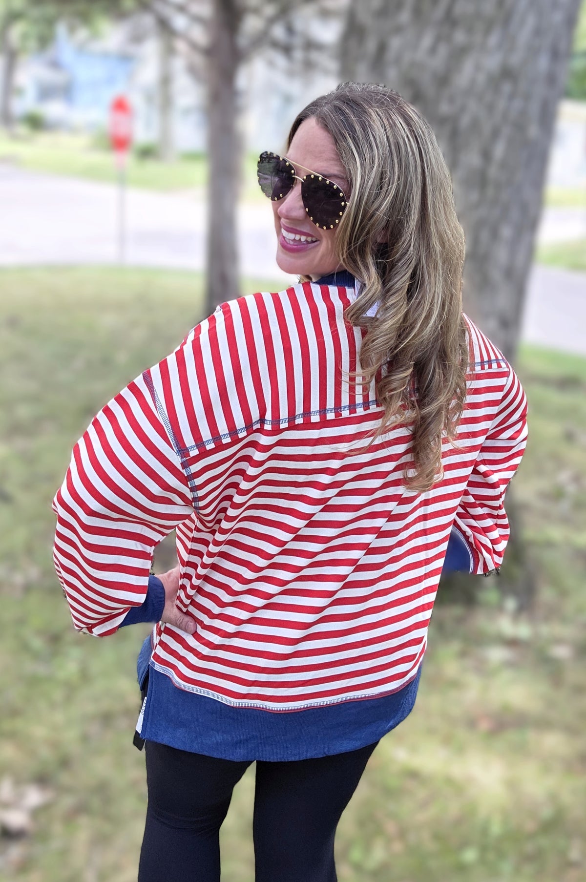 RED/CREAM STRIPED OVERSIZED FRENCH TERRY PULLOVER