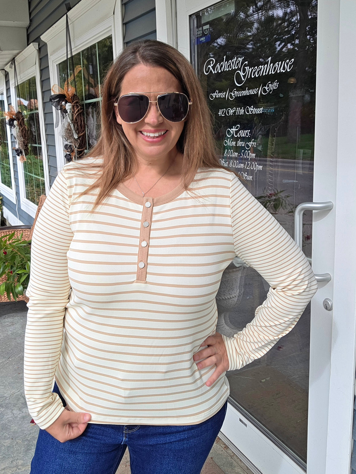 Ivory/Beige Color Contrasted Button Henley, Long Sleeve, Stripe Knit Top