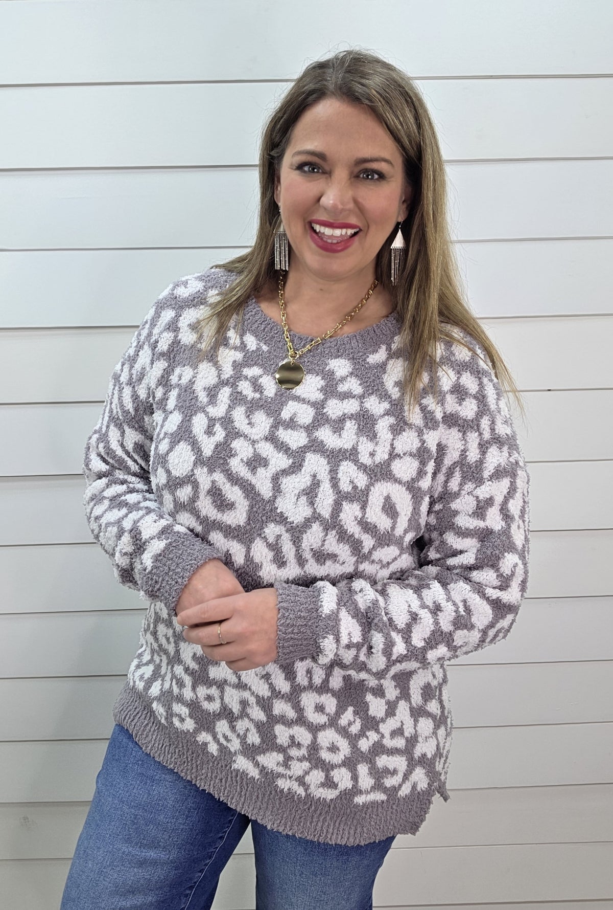 GREY ULTRA SOFT FUZZY ANIMAL PRINT SWEATER PULLOVER