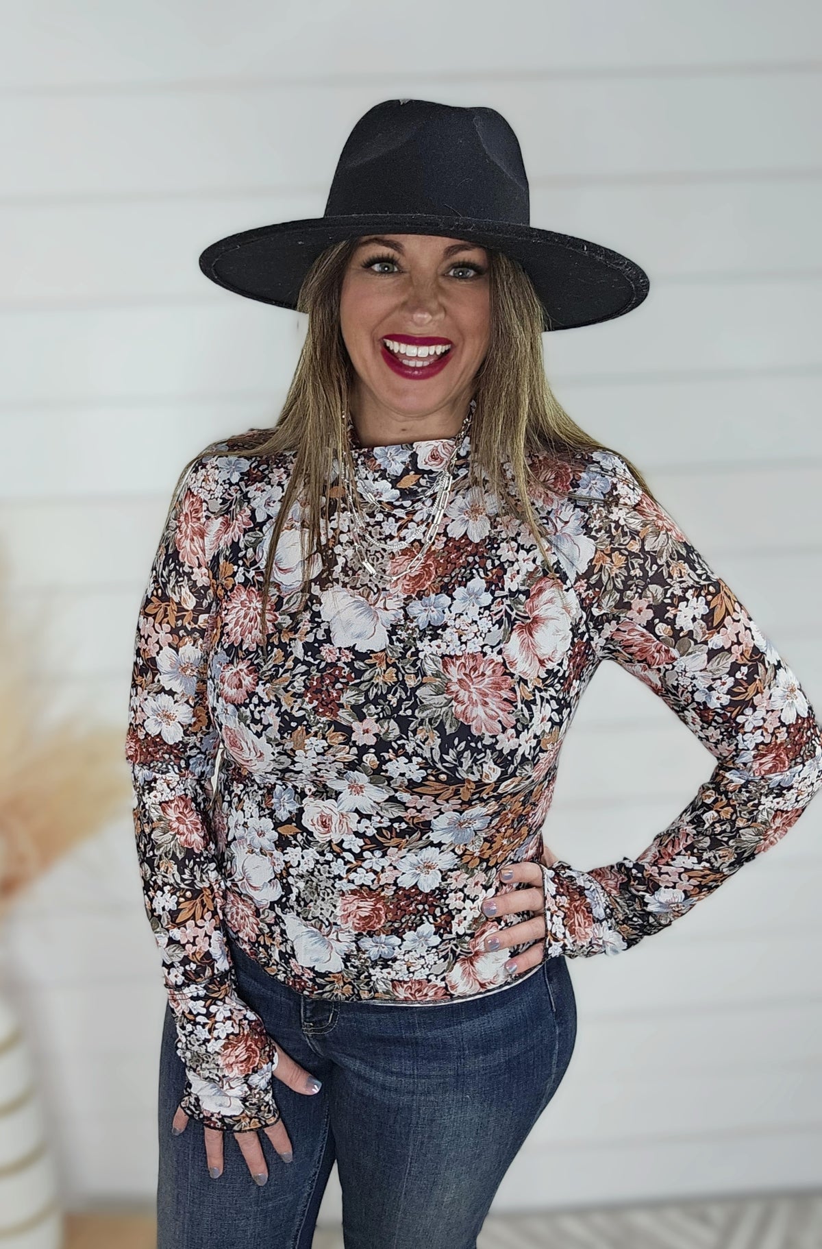 BROWN FLORAL MESH HIGH NECK TOP W/ THUMBHOLES