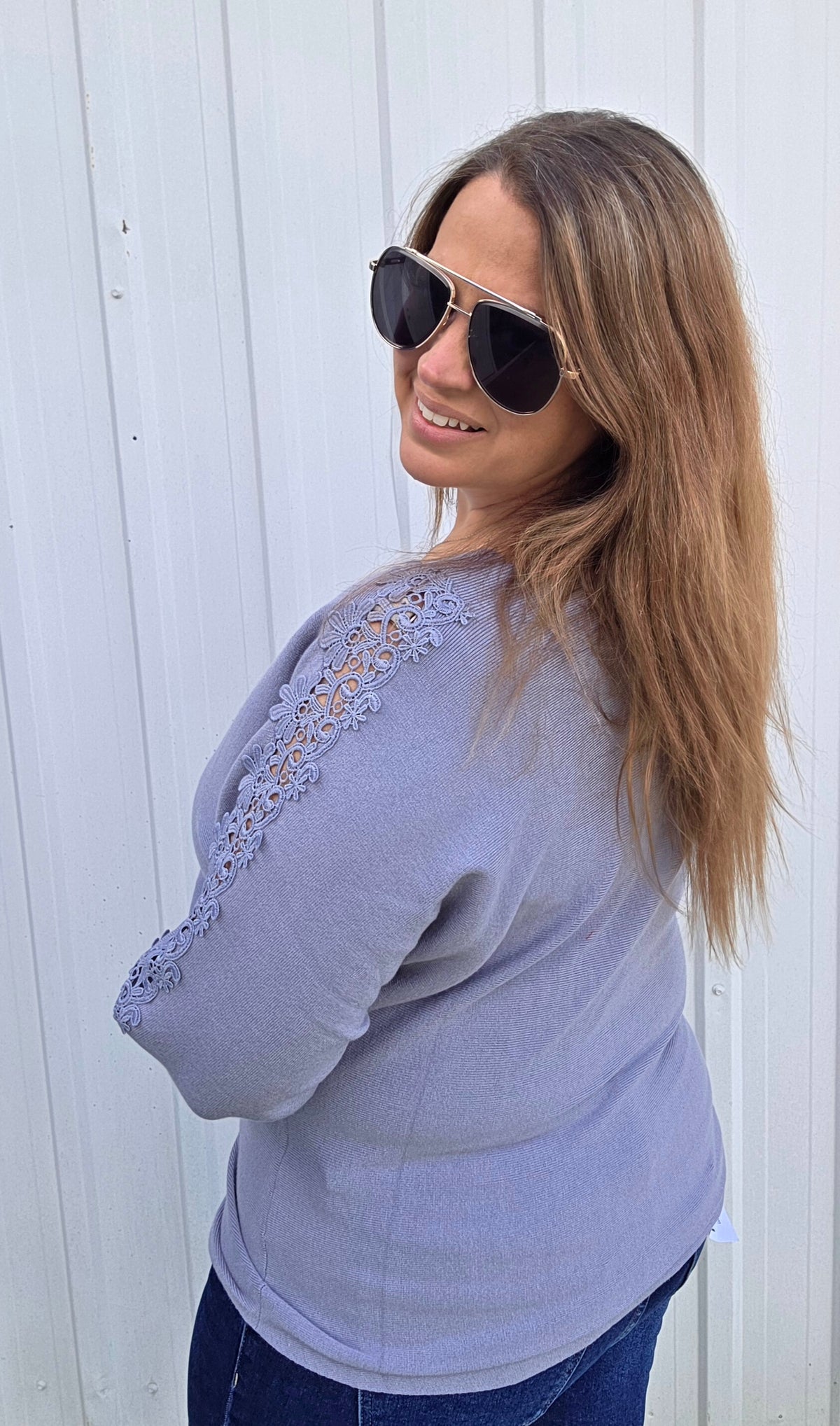Denim Dolman Lace Sleeve Knit Sweater