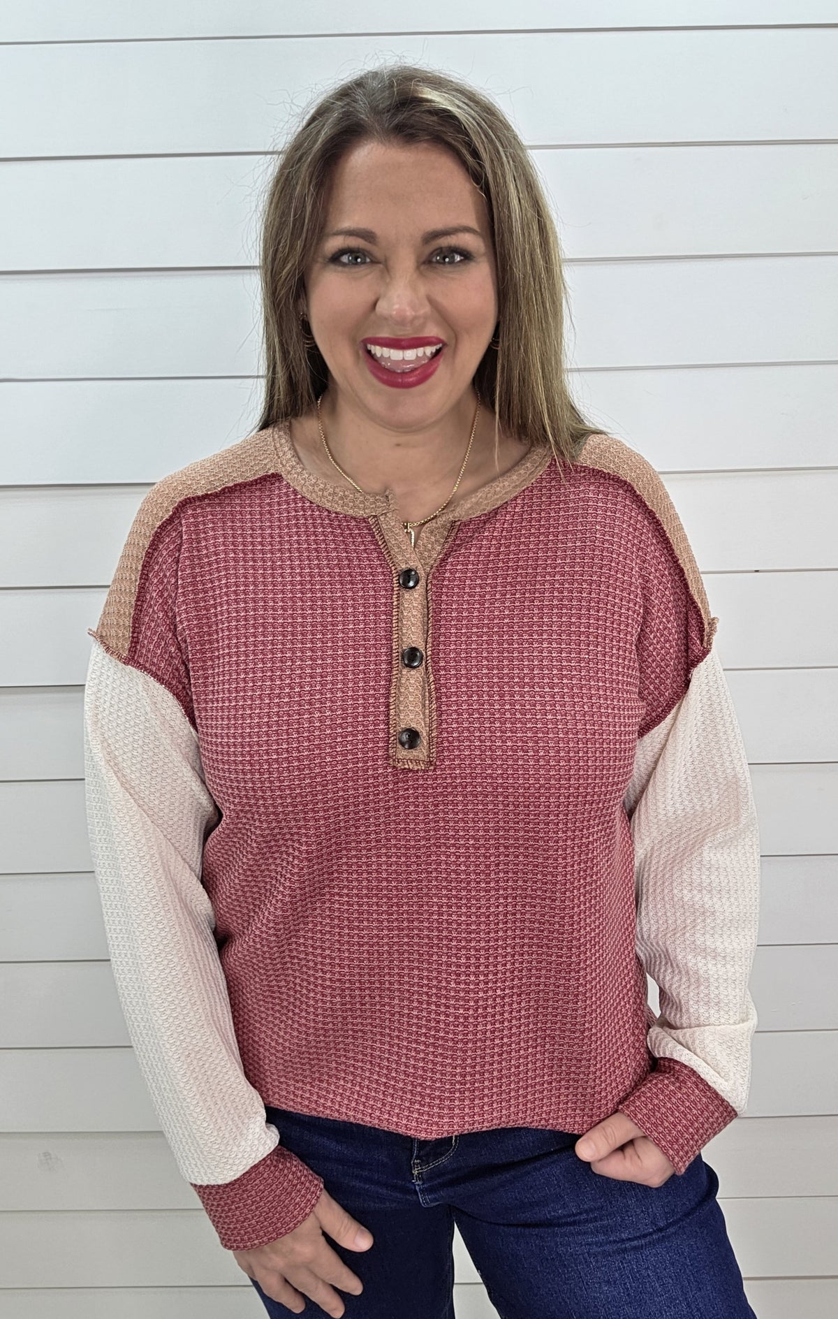 BURGUNDY COLORBLOCK WAFFLE KNIT TOP