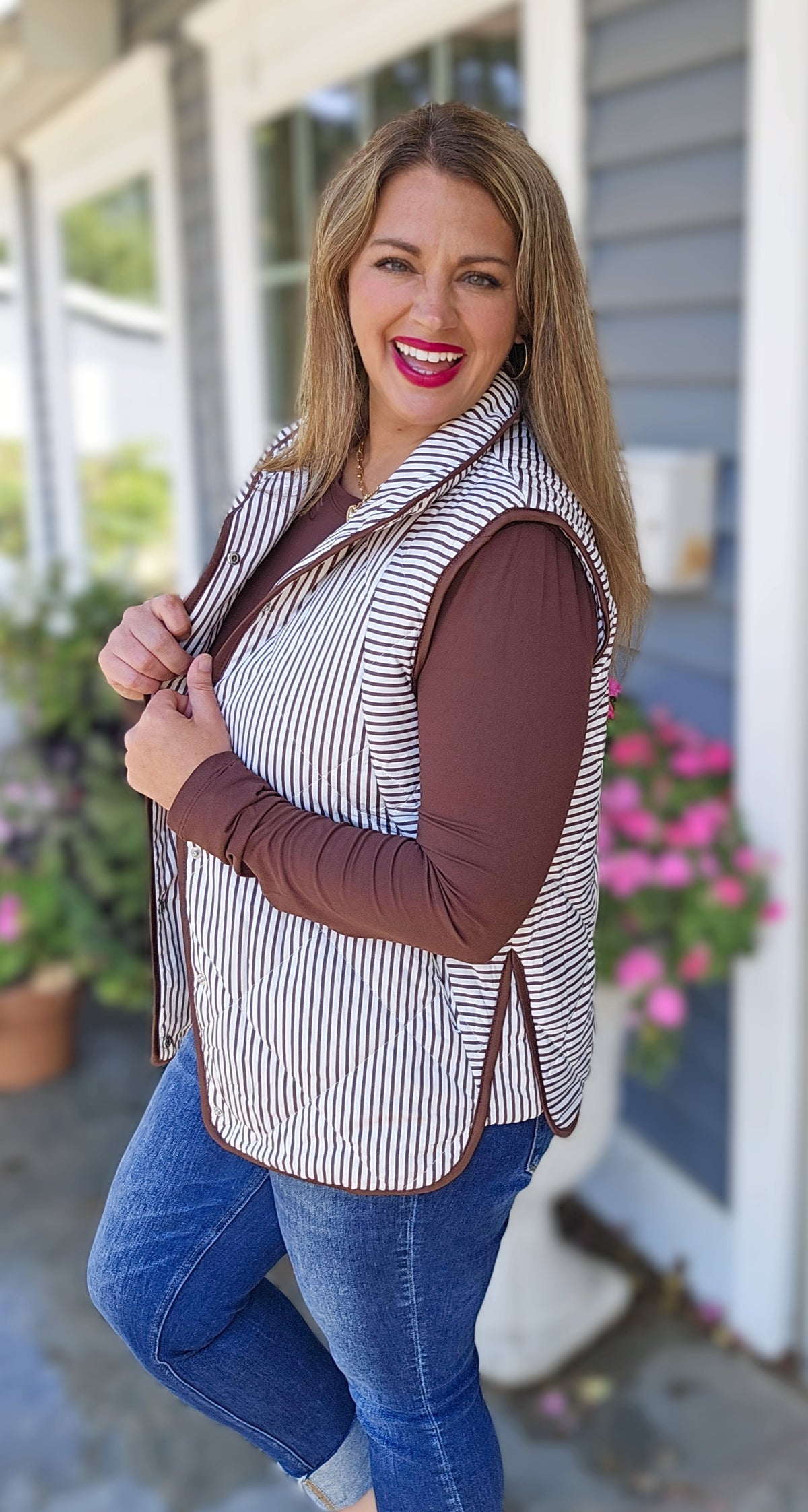 BROWN AND WHITE PINSTRIPED SNAP BUTTON VEST