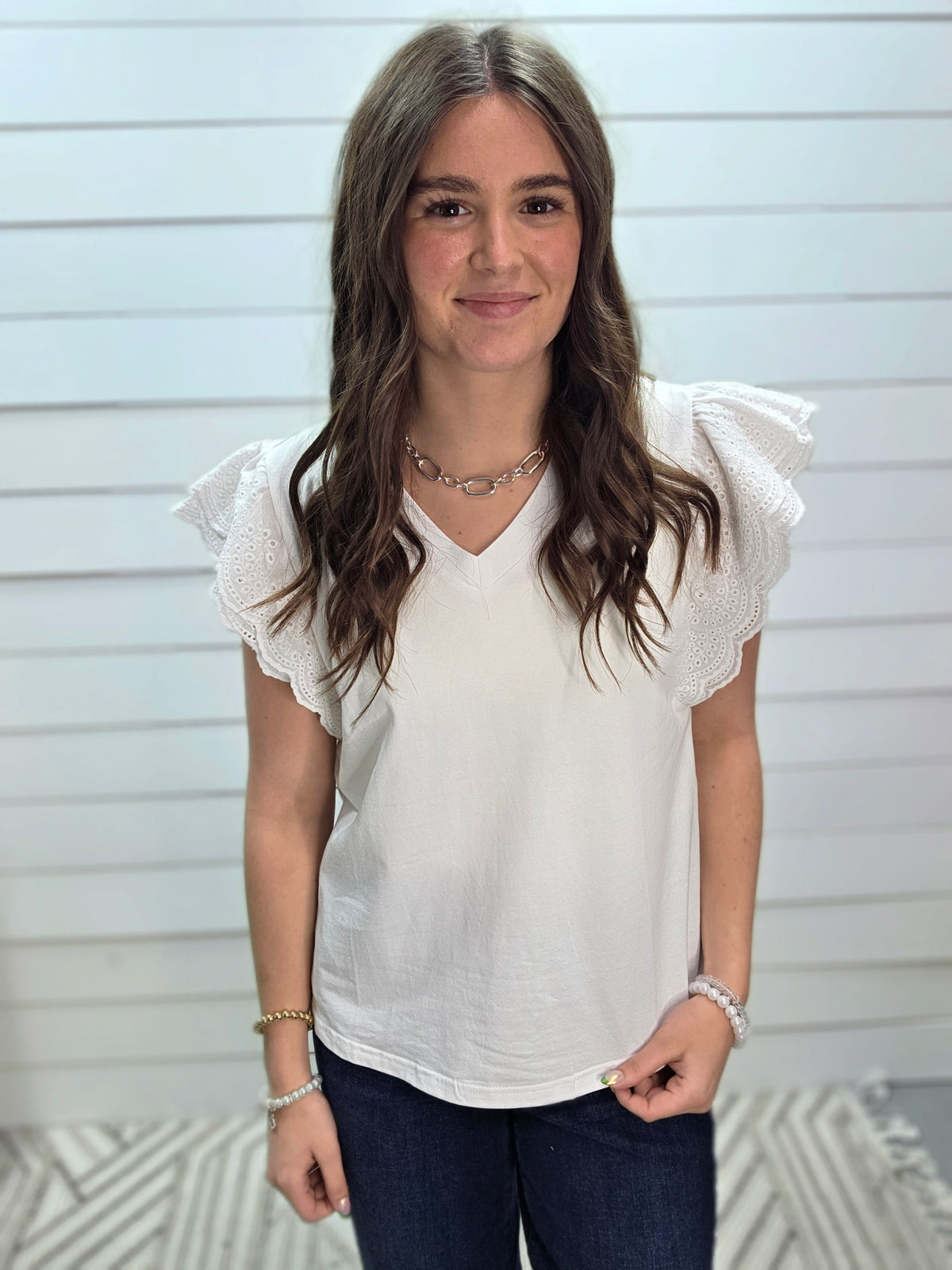 WHITE FLUTTER SLEEVE EYELET KNIT TOP