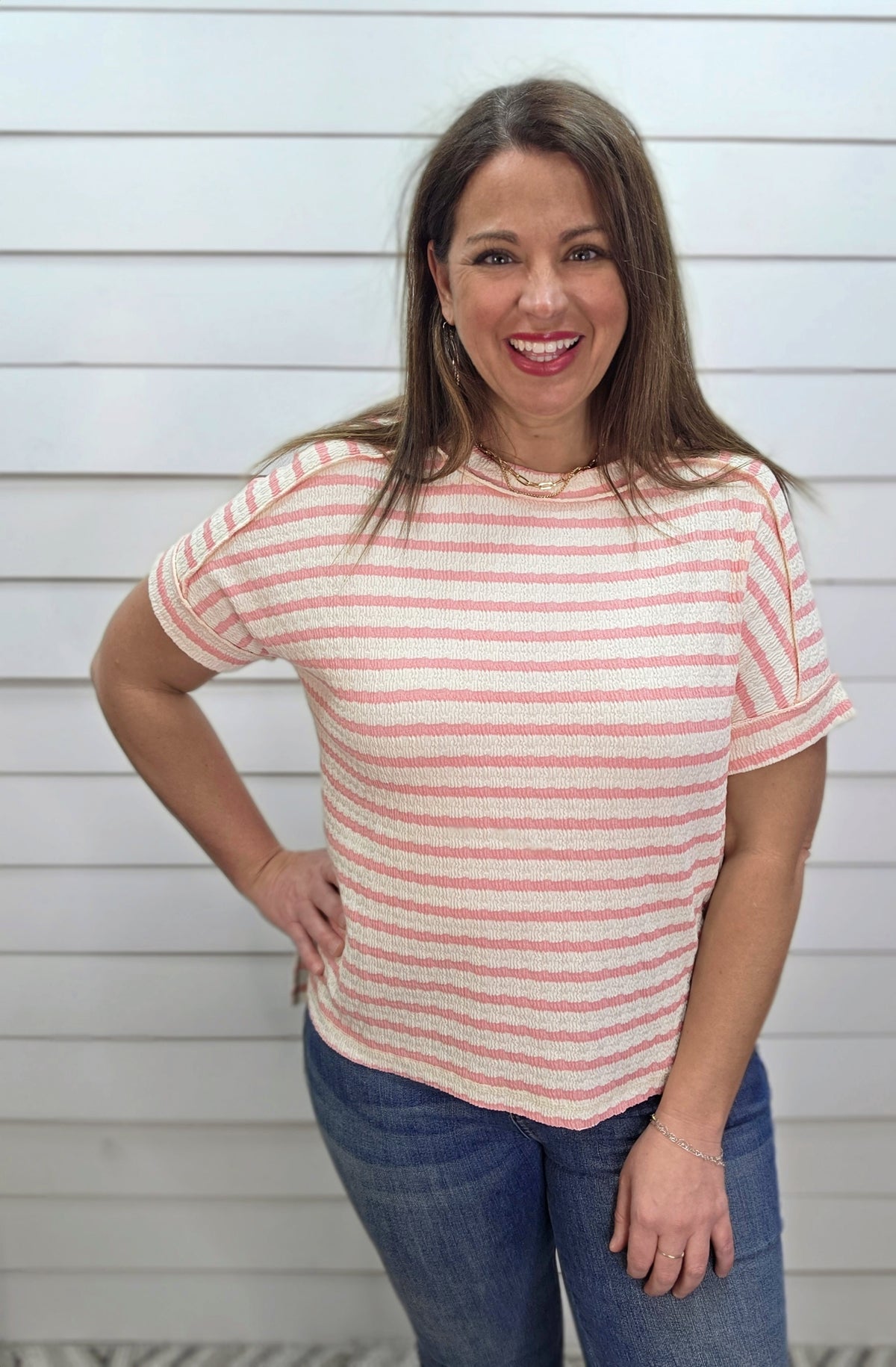 PINK TEXTURED LOOSE FIT KNIT TOP