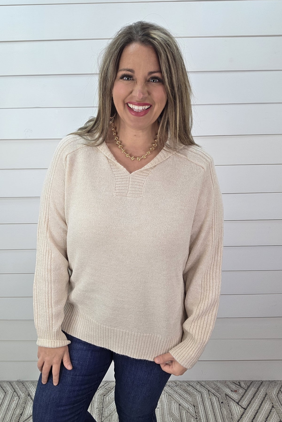 OATMEAL HOODED LIGTH WEIGHT RIBBED CONTRAST SWEATER