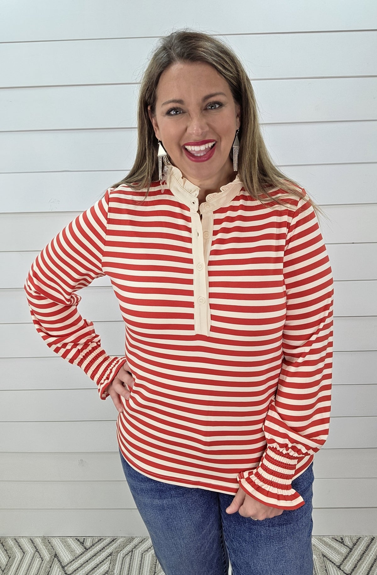 RED STRIPED HIGH NECK RUFFLE COLLAR TOP W/ SMOCKED SLEEVES