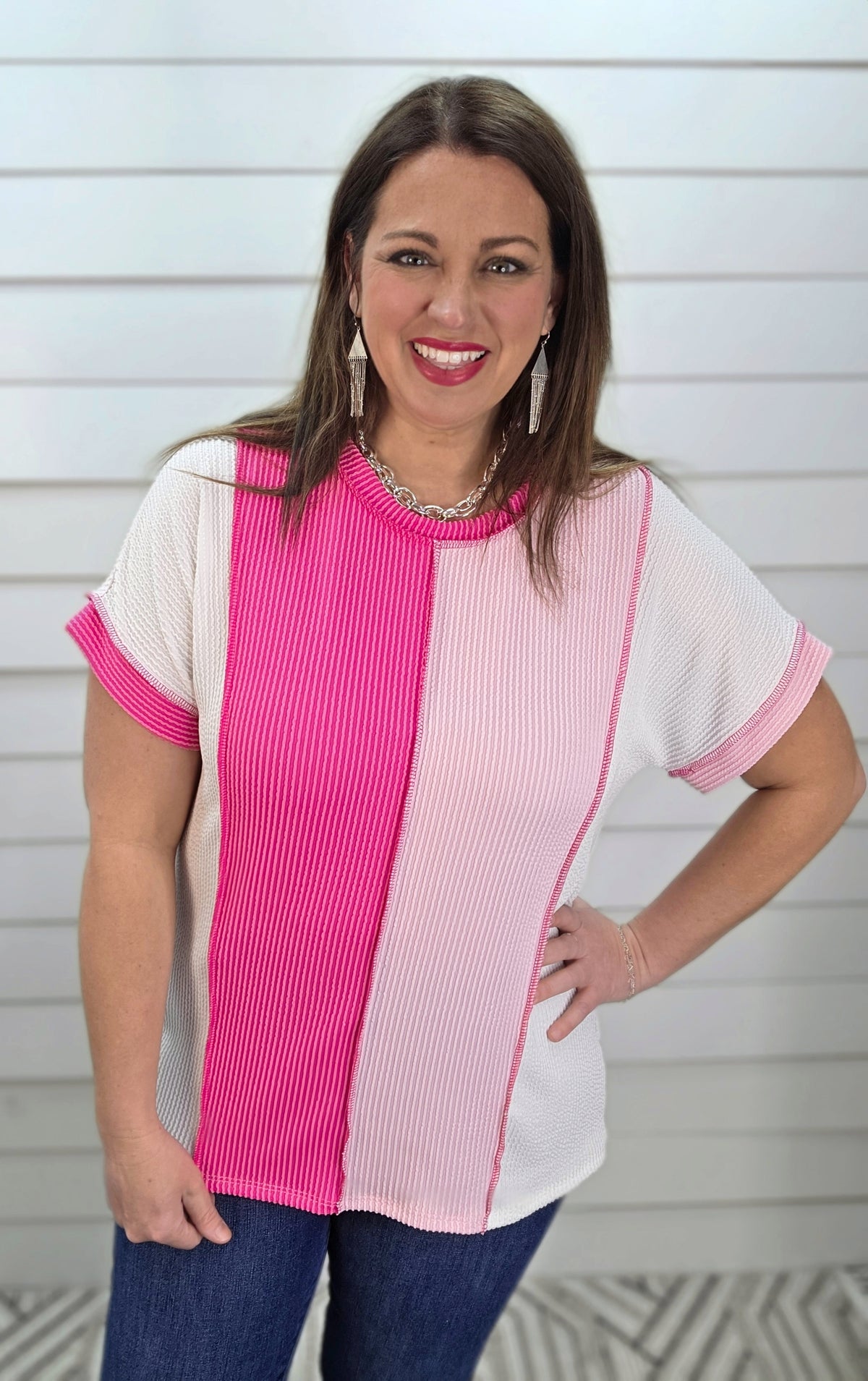IVORY/FUCHSIA/PINK RAISED RIBBED COLORBLOCK KNIT TOP
