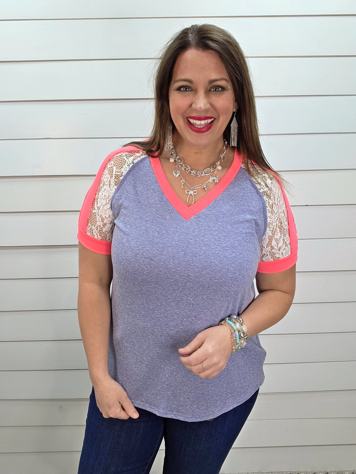 HEATHERED DENIM BLUE COTTON BLEND KNIT TOP W/ HOT PINK AND LACE TRIM