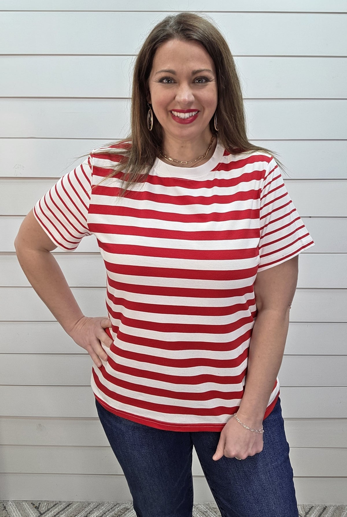 RED CONTRAST STRIPED KNIT TOP