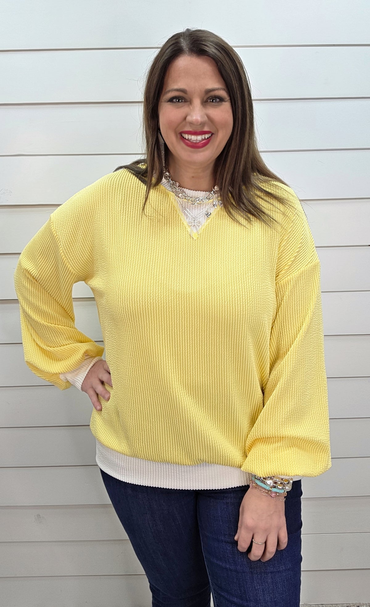 YELLOW RAISED RIBBED LONG SLEEVE KNIT TOP