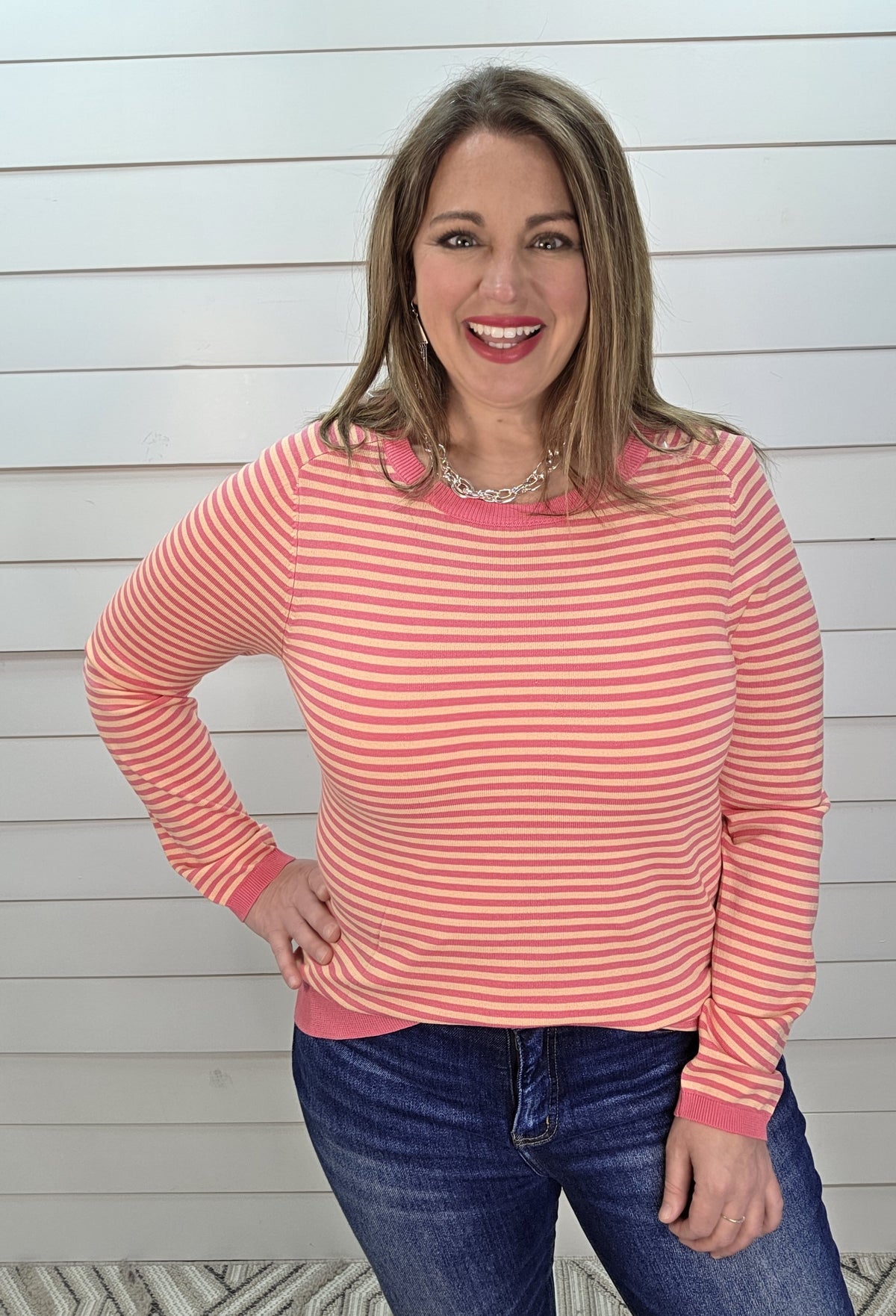 PINK PINSTRIPE KNIT LIGTH WEIGHT PULLOVER SWEATER