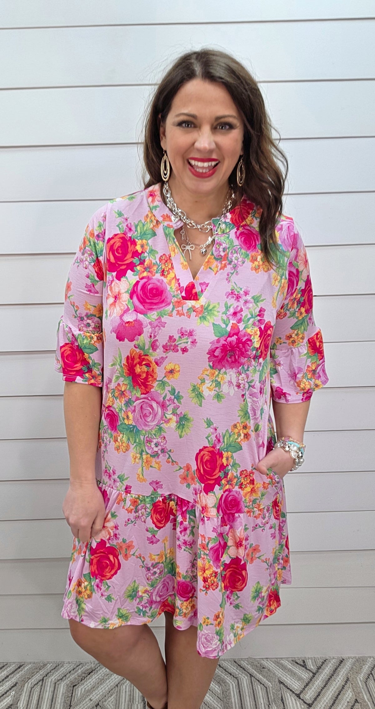 DEAR SCARLETT SUNDAY 3/4 SLEEVE RUFFLE DETAIL DRESS - BLUSH PINK FLORAL