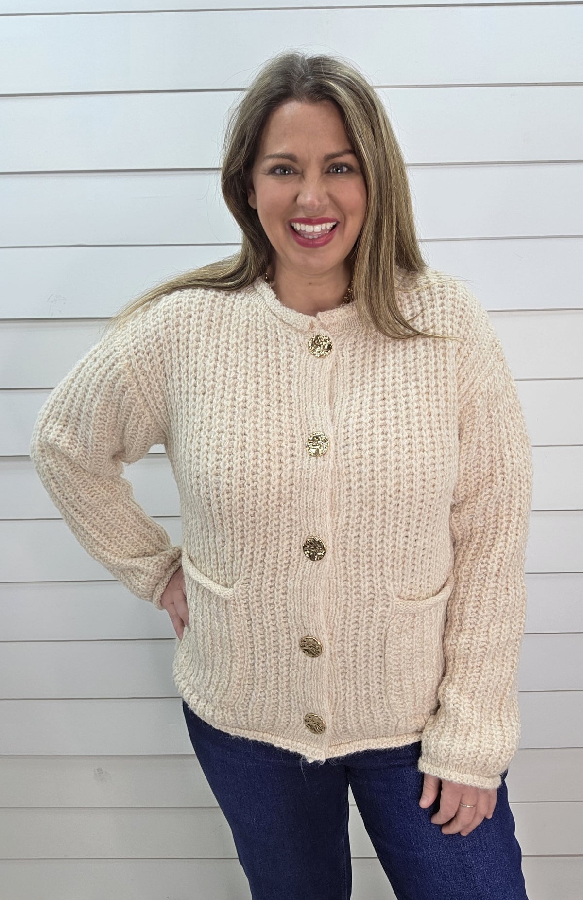 OATMEAL CHUNKY BUTTON DOWN SWEATER