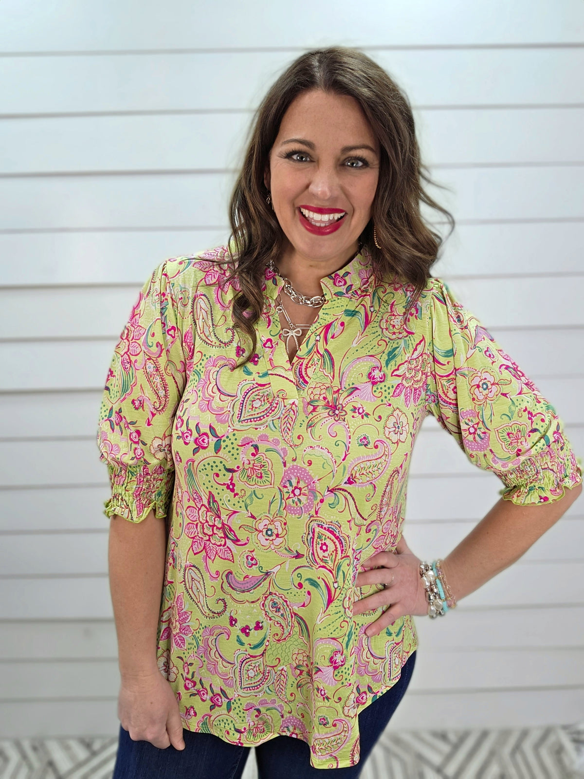 DEAR SCARLETT SMOCKED TOP - GREEN/PINK PRINTED