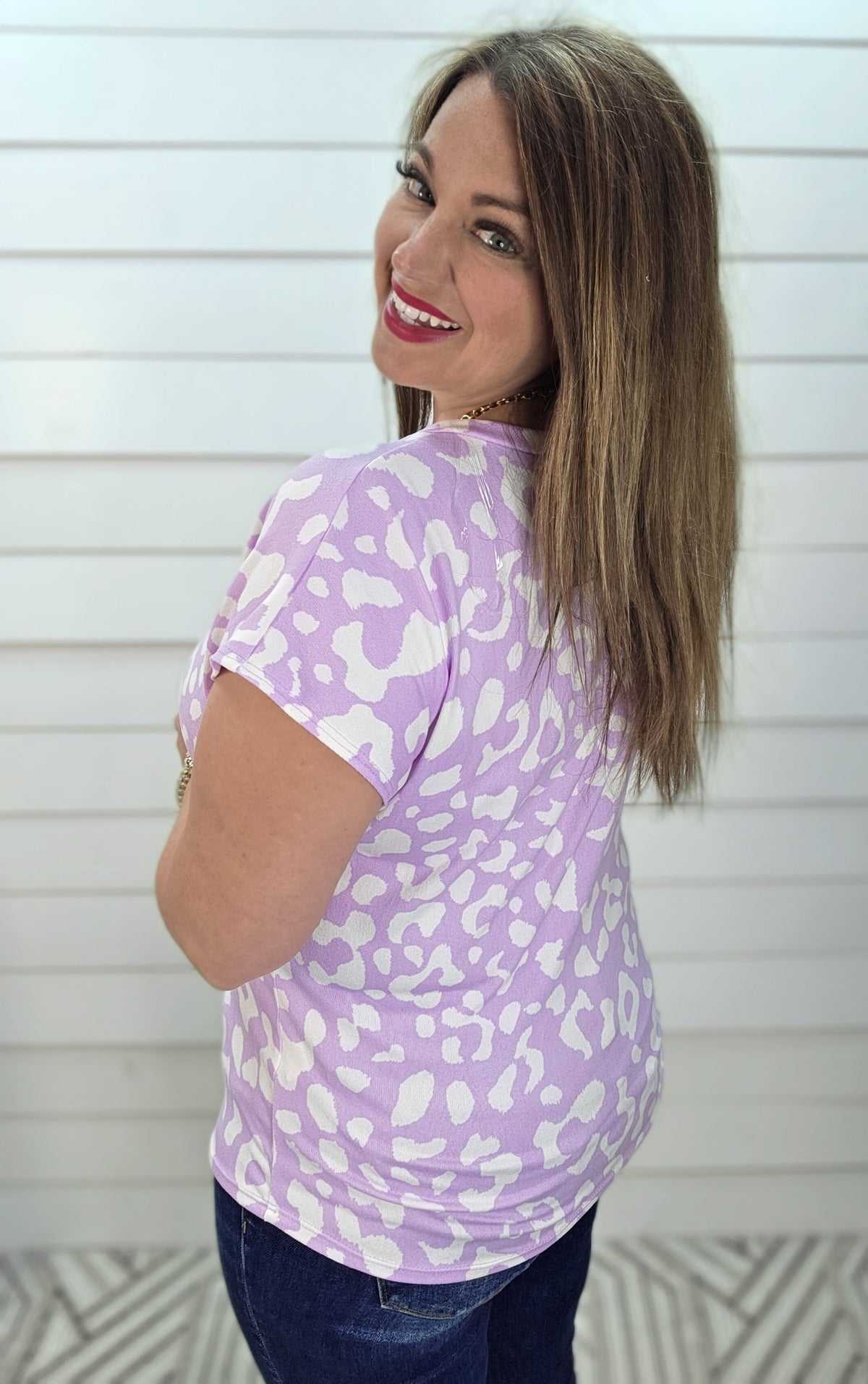 LILAC LEOPARD V NECK BUTTER KNIT TOP