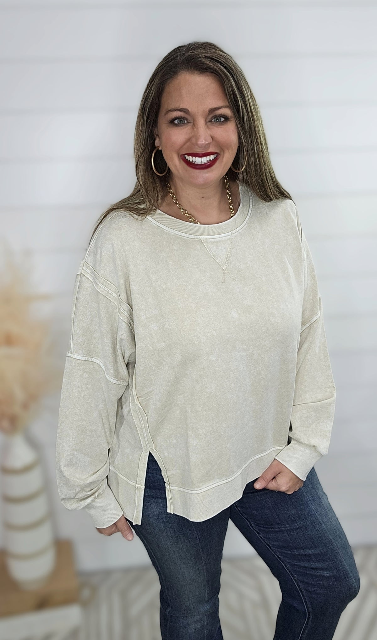 OATMEAL MINERAL WASH KNIT TOP