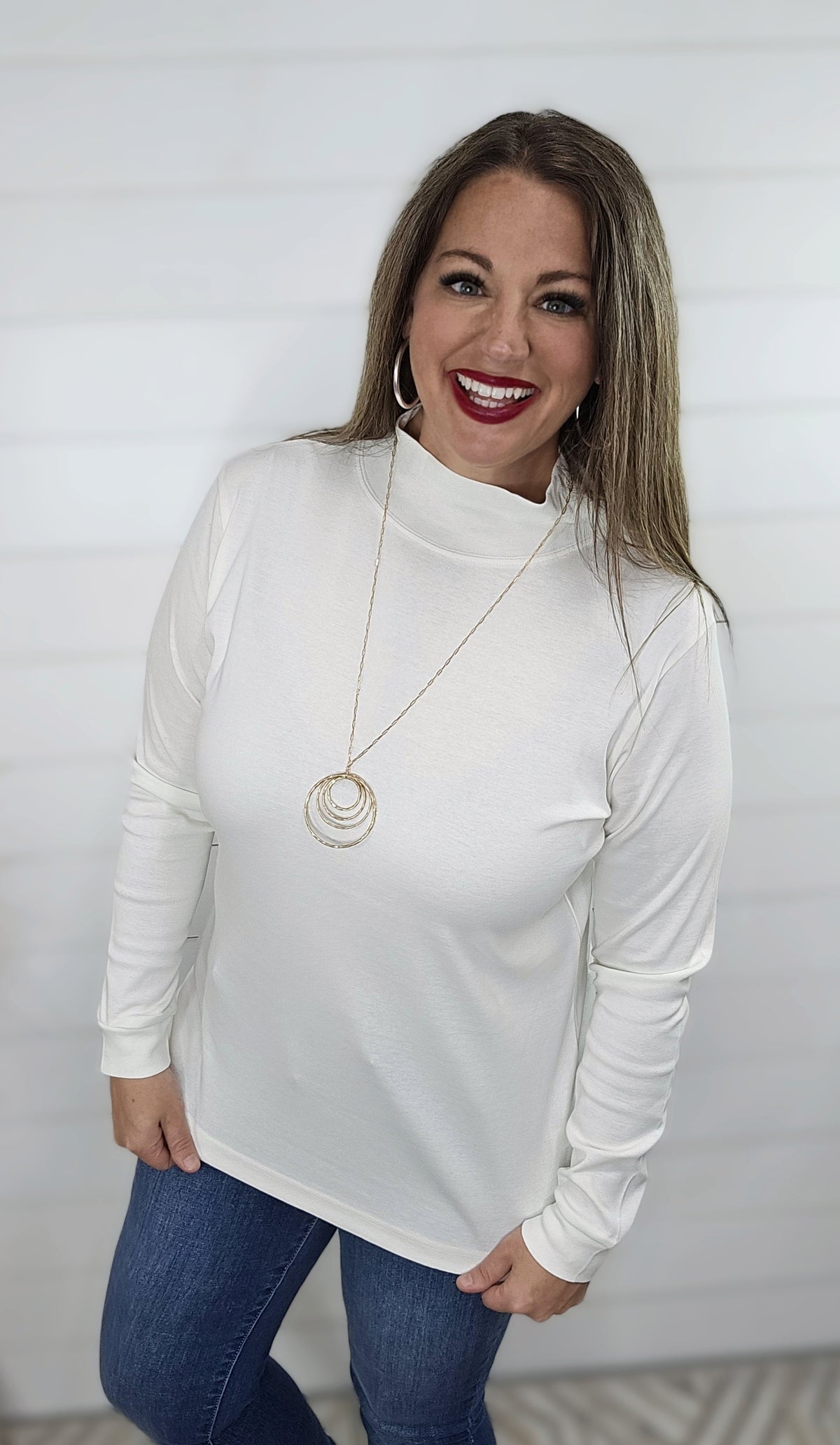 KAREN HART IVORY MOCK NECK COTTON TOP