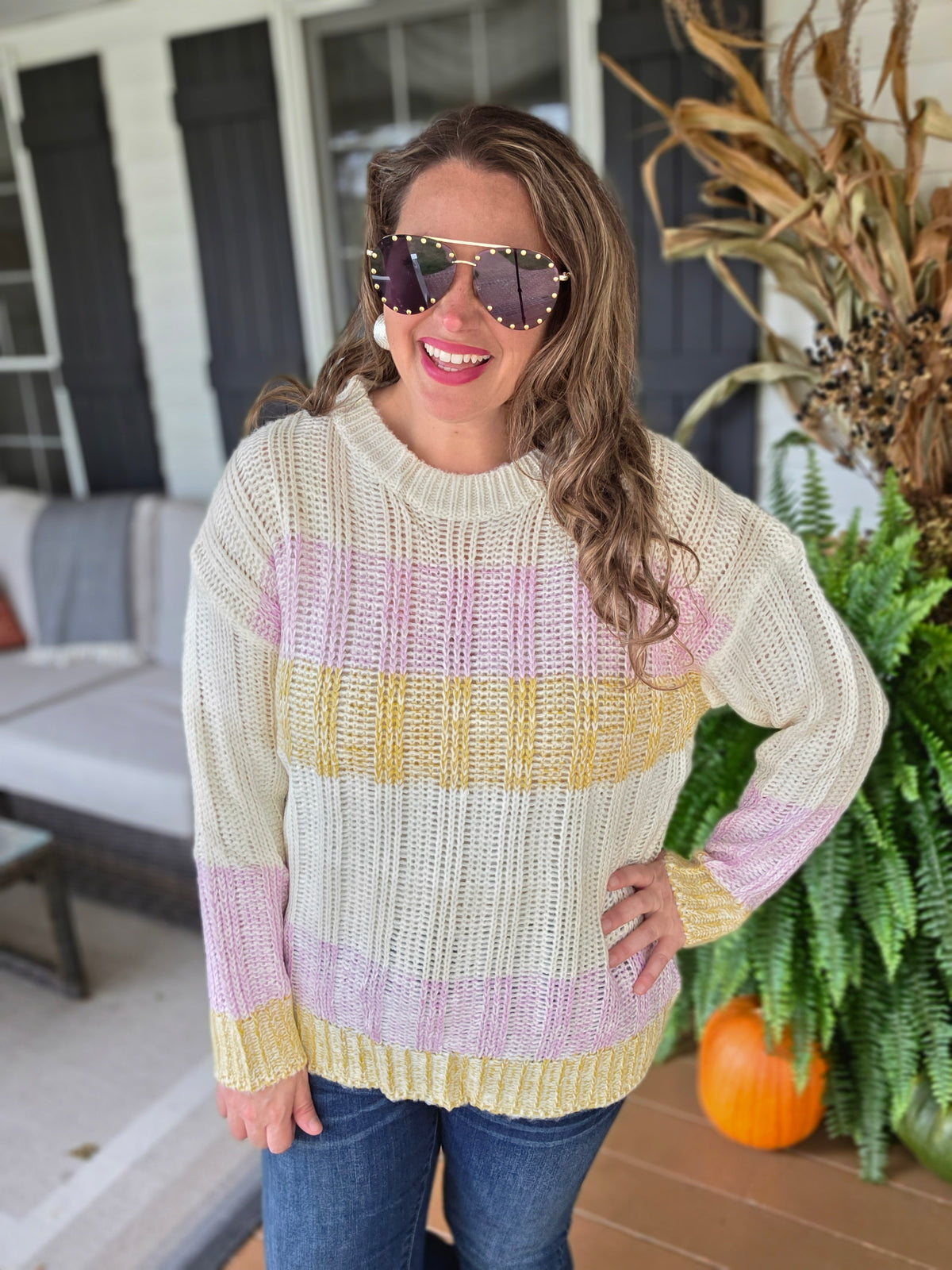 CREAM/LAVENDER/YELLOW COLORBLOCK KNIT CREW NECK SWEATER