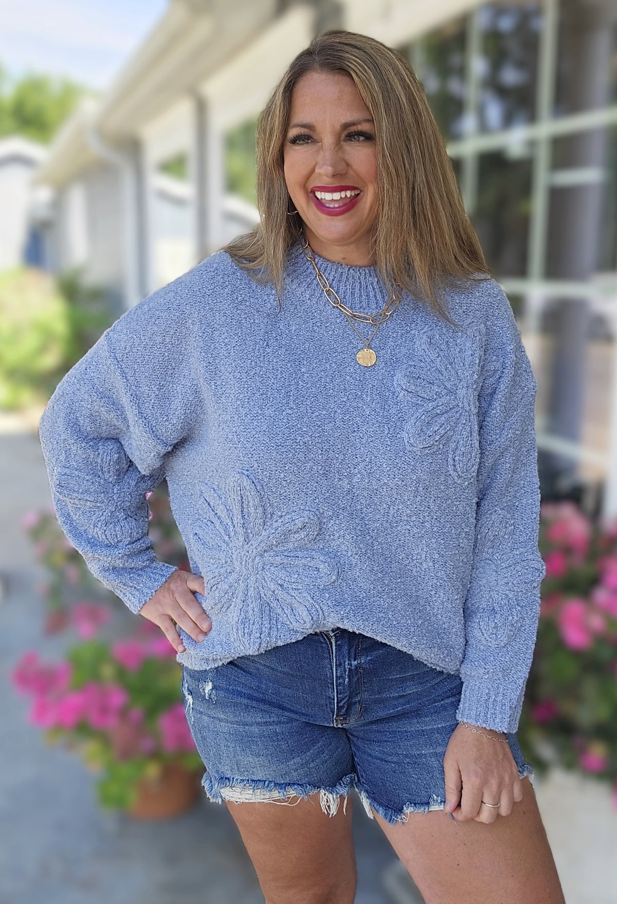 BLUE LARGE FLORAL KNIT SWEATER