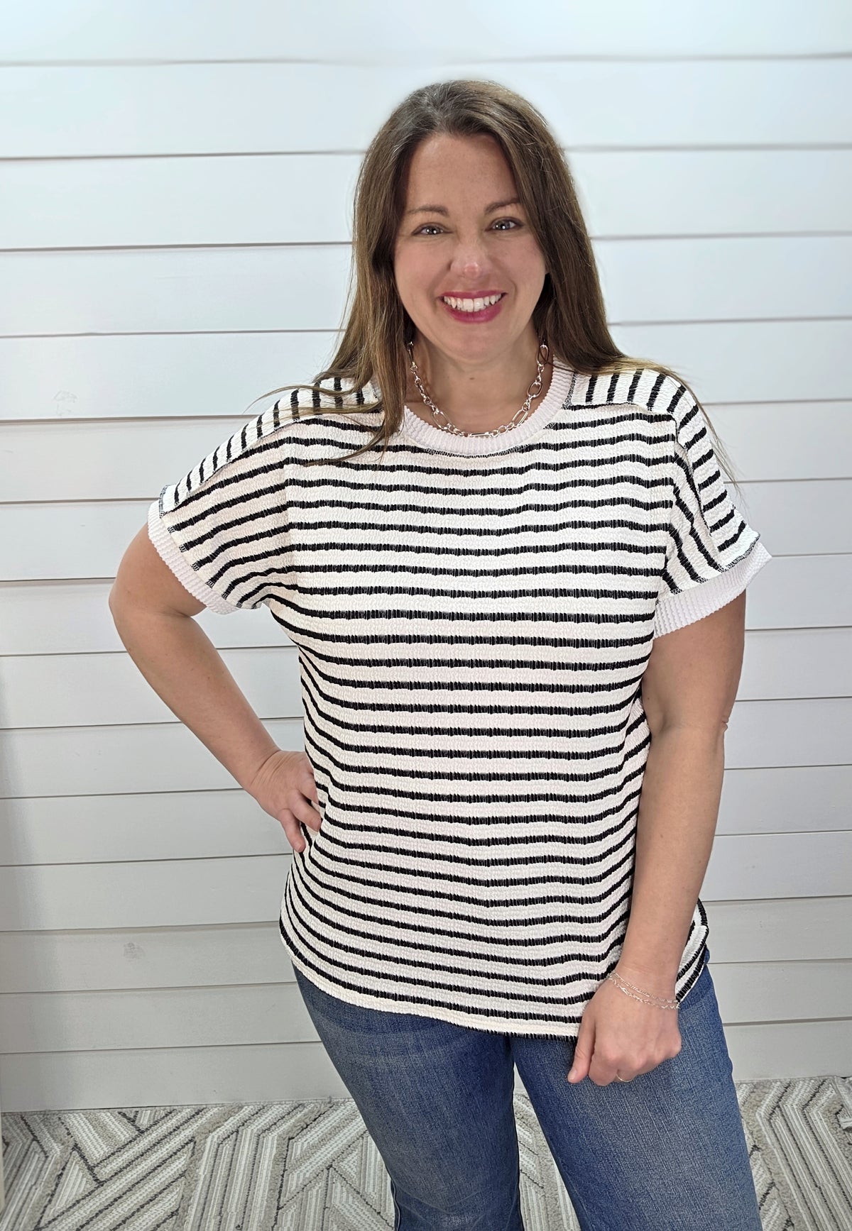 BLACK STRIPED TEXTURED KNIT TOP
