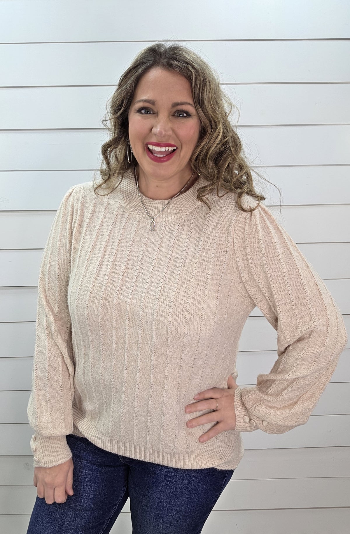 OATMEAL VERTICAL TEXTURED STRIPED BUTTON CUFF PULLOVER KNIT SWEATER