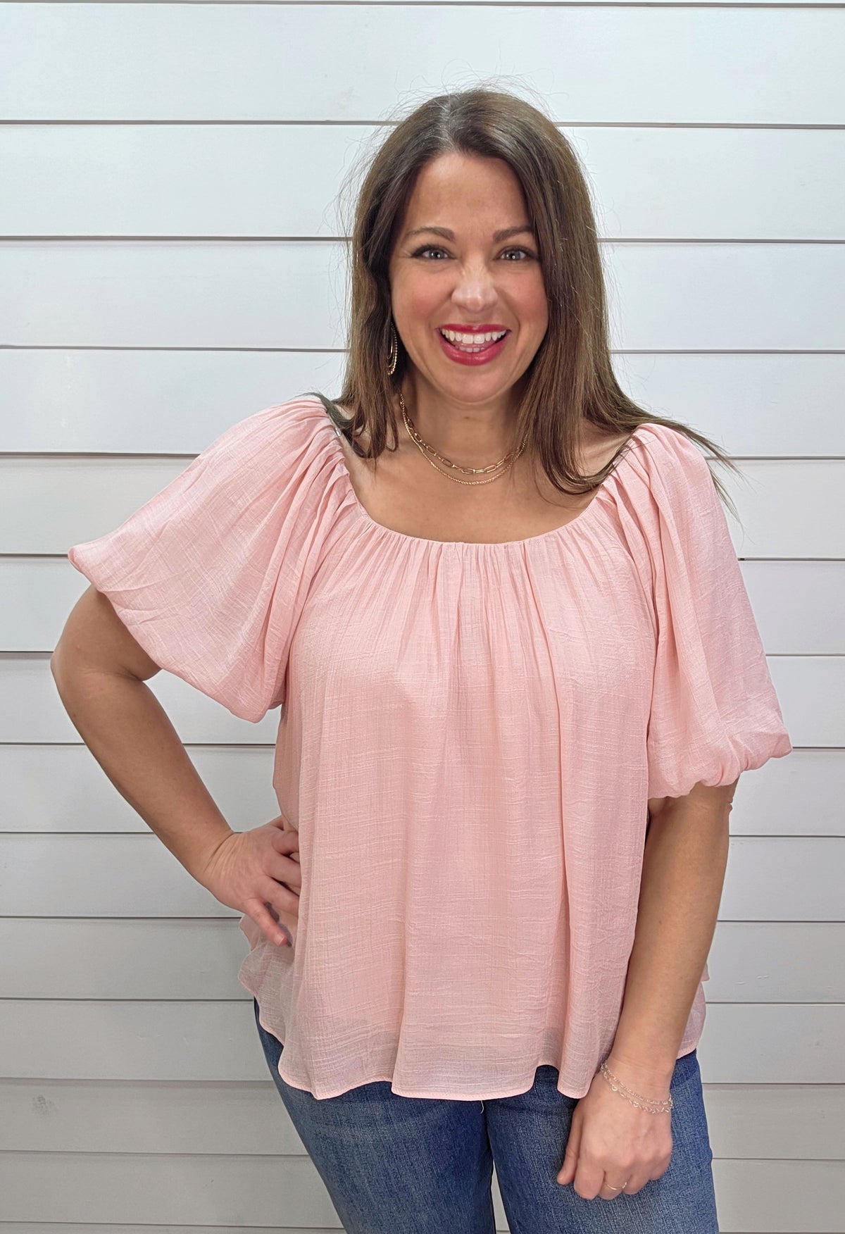 BLUSH FLOWY SCOOP NECK WOVEN TOP