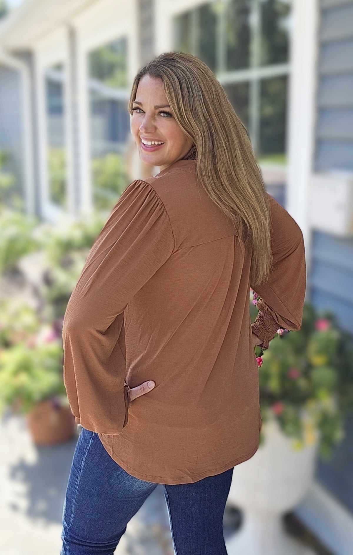 DEAR SCARLETT CARAMEL LONG SLEEVE SMOCKED LIZZY TOP
