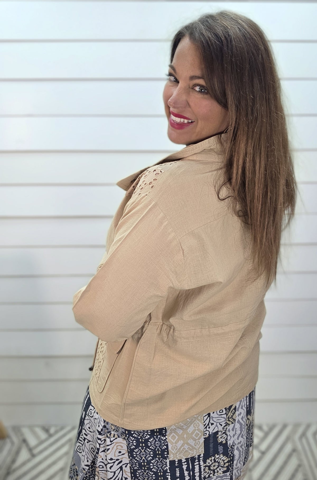 SAND CROCHET TRIM LINEN BLEND DRAWSTRING JACKET