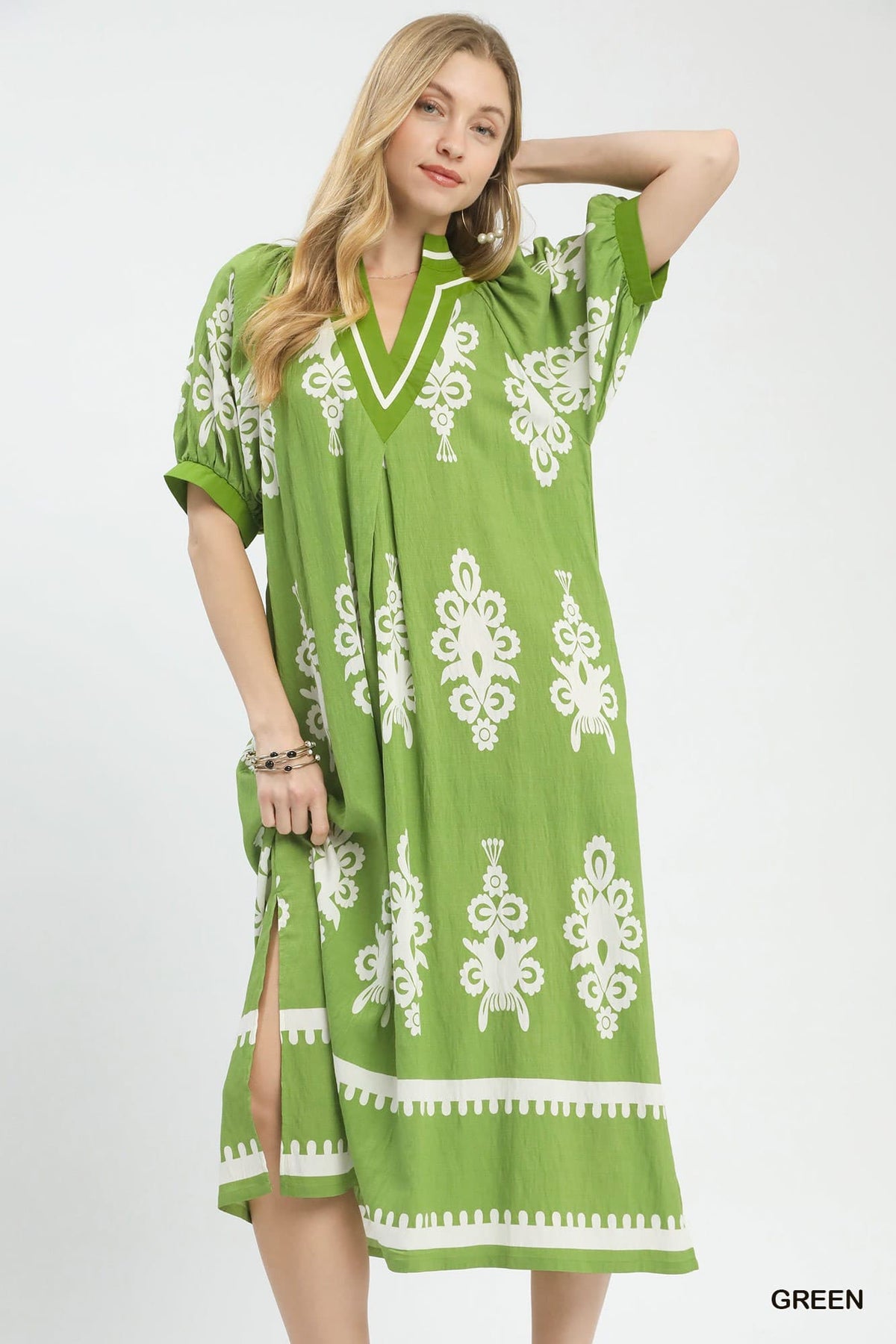 GREEN BORDER PRINT LONG WOVEN DRESS