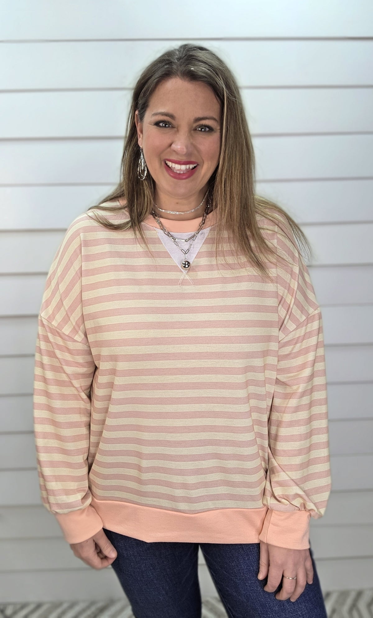 PINK/PEACH/OATMEAL STRIPED LOOSE FIT LONG SLEEVE KNIT TOP