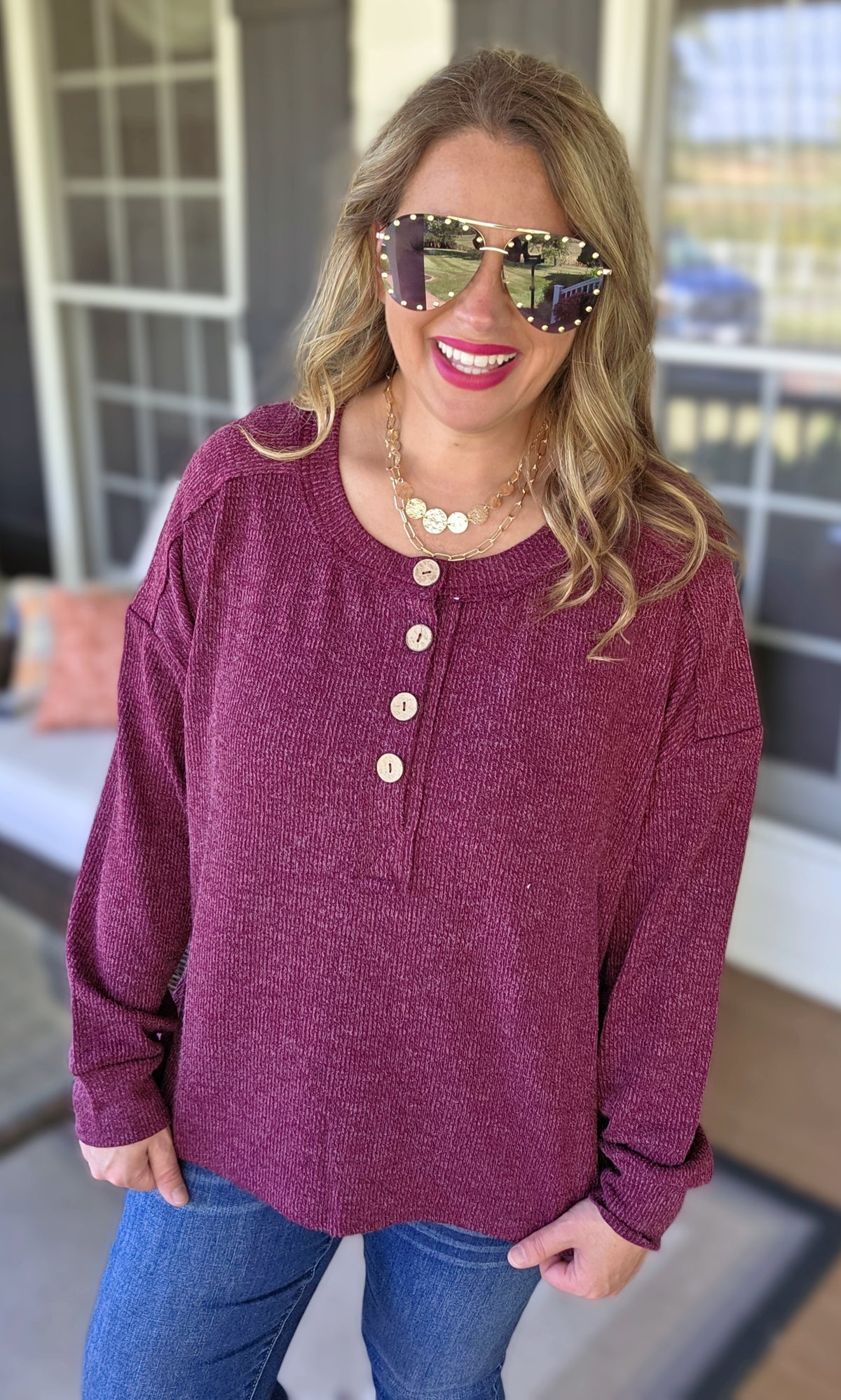 BURGUNDY RIBBED TEXTURED LONG SLEEVE HENLEY KNIT TOP