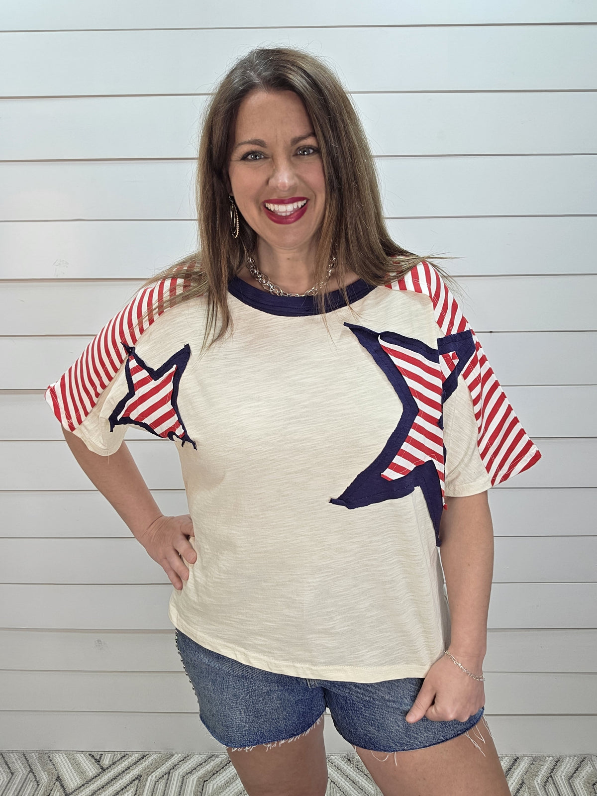 OATMEAL/RED/NAVY STAR/STRIPED KNIT TOP