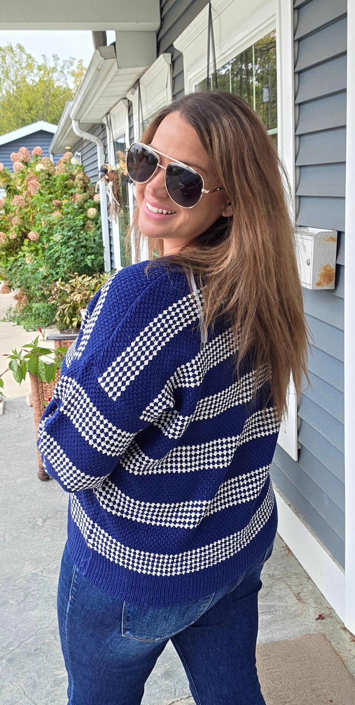 NAVY V-Neck Long Sleeve Relaxed Fit Waffle Texture Striped Pullover Sweater