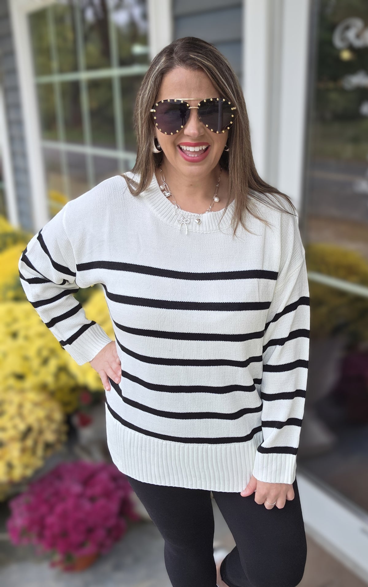 IVORY/BLACK STRIPED OVERSIZED CREW NECK SWEATER