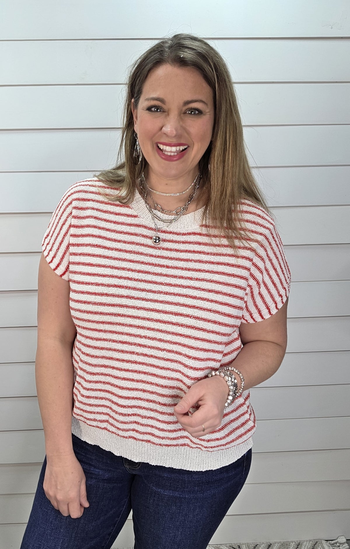 RED/WHTIE STRIPED SWEATER KNIT SHORT SLEEVE TOP
