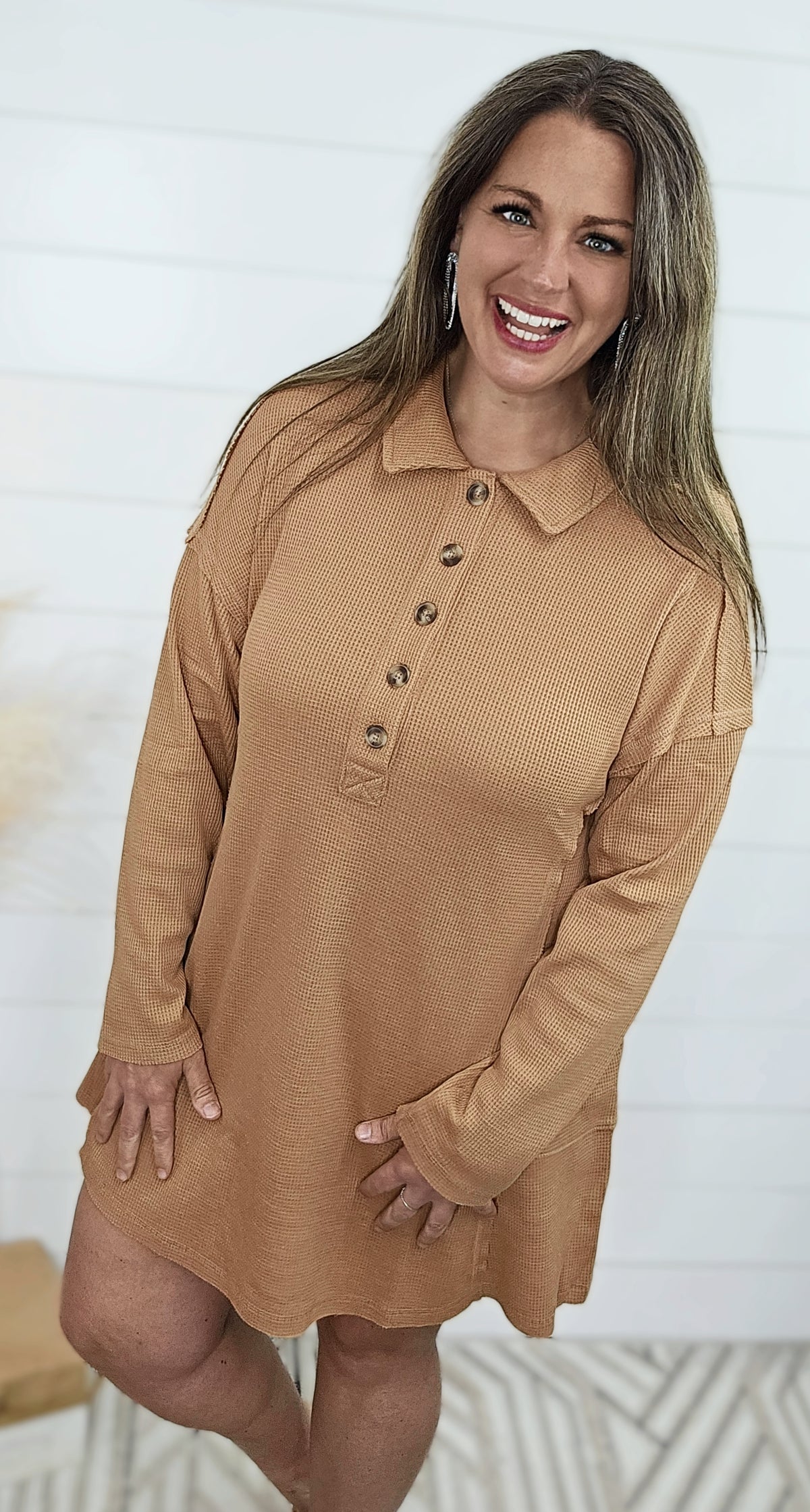 CAMEL WAFFLE TEXTURED HALF BUTTON DRESS/TUNIC