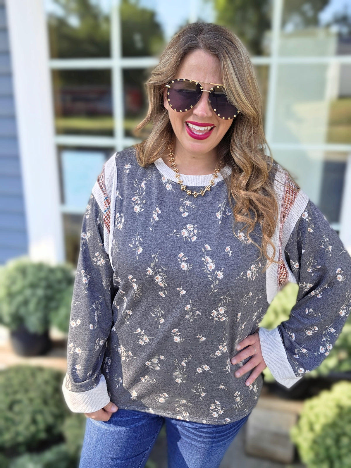 CHARCOAL FLORAL FRENCH TERRY CONTRAST KNIT TOP