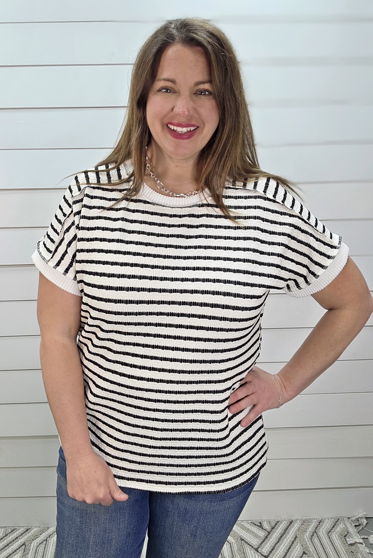 BLACK STRIPED TEXTURED KNIT TOP