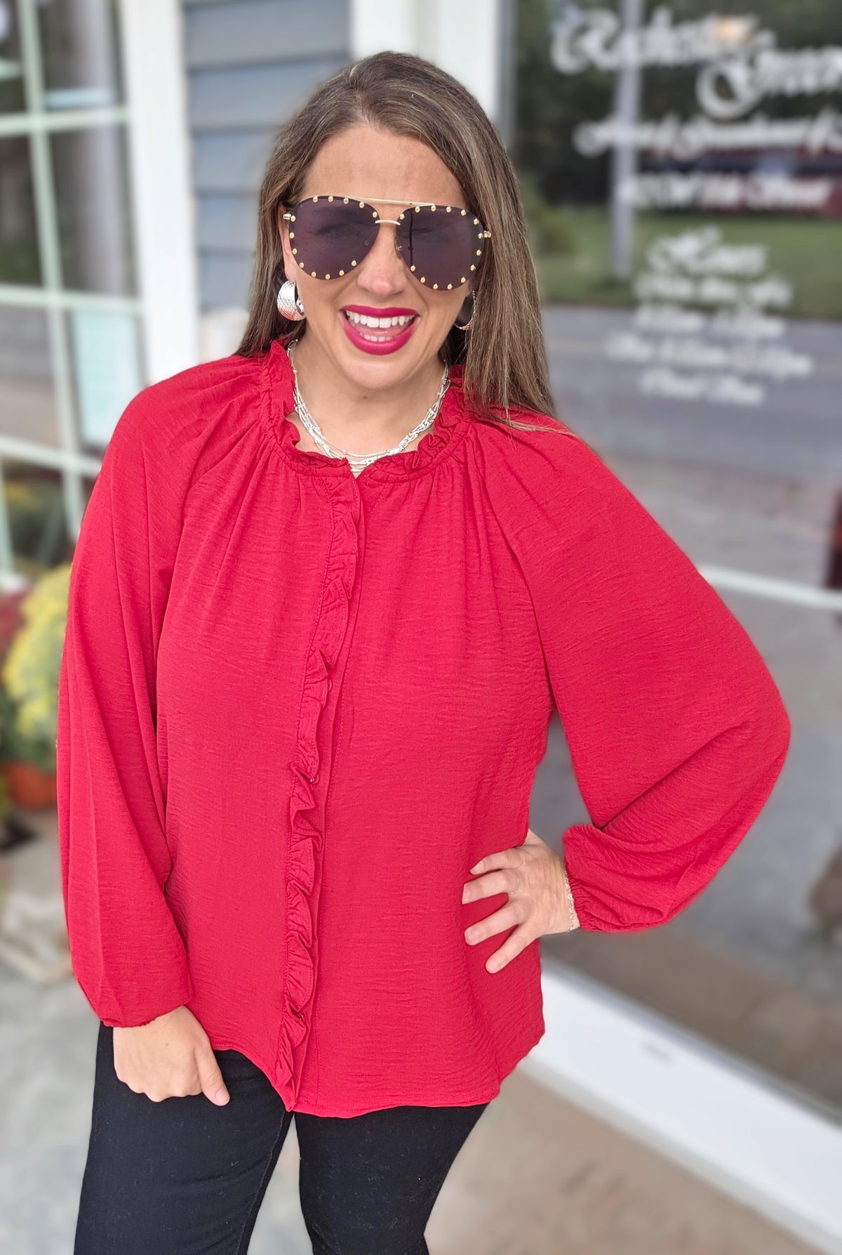 WINE FRILL TRIM LONG SLEEVE BUTTON UP WOVEN BLOUSE