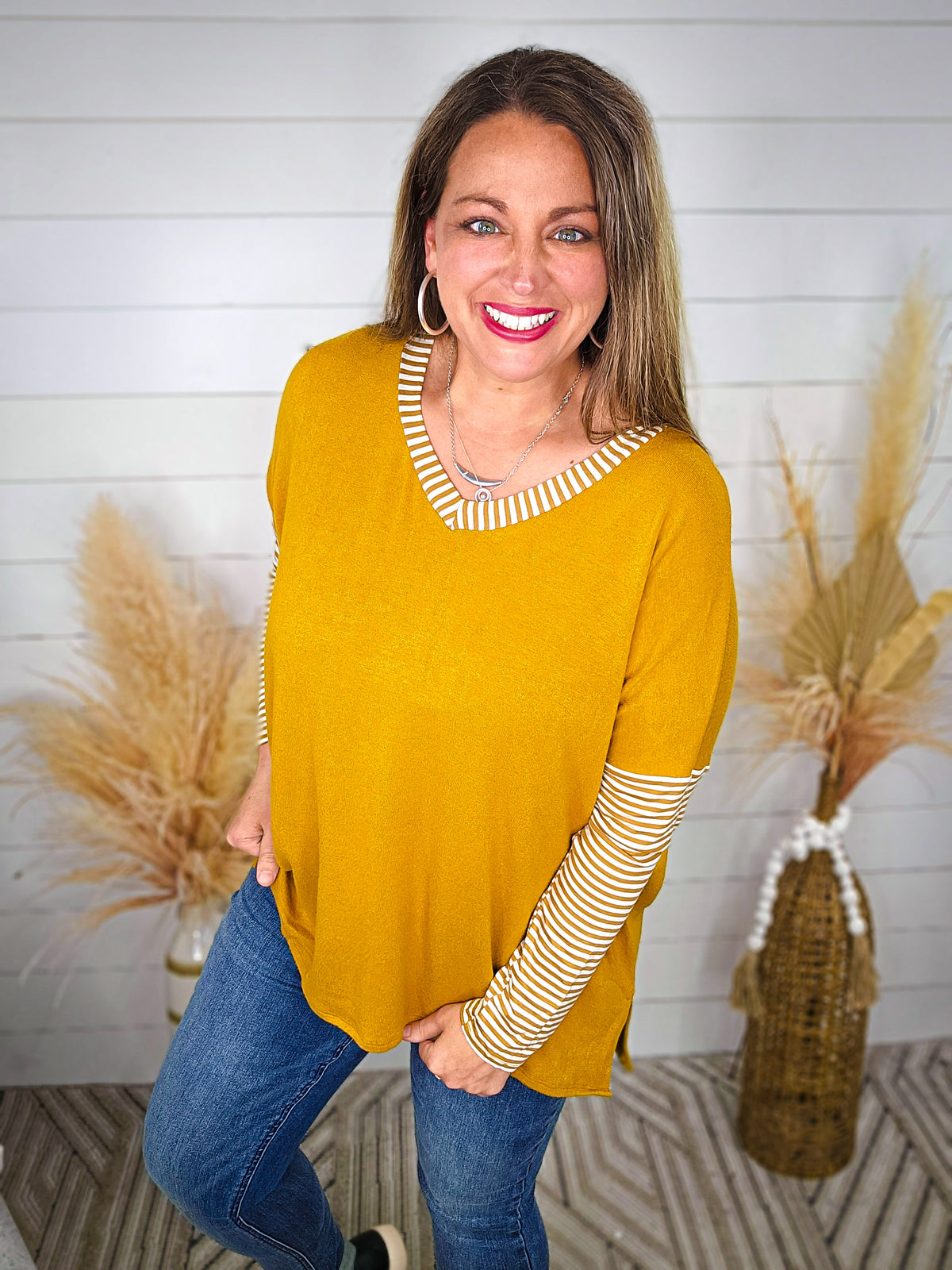 MUSTARD V NECK BRUSH KNIT TOP W/ STRIPED SLEEVES