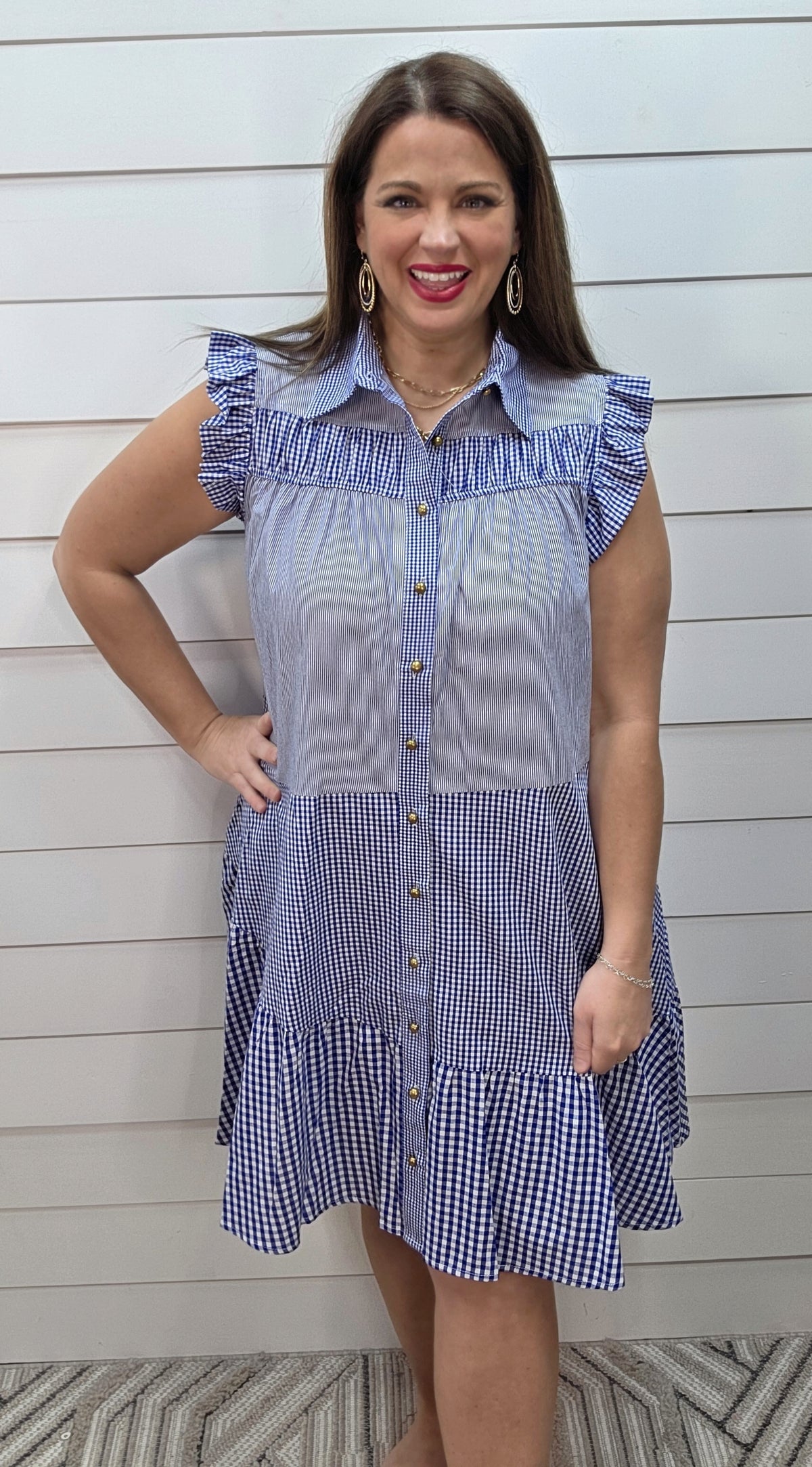 BLUE STRIPED/GINGHAM BUTTON DOWN DRESS