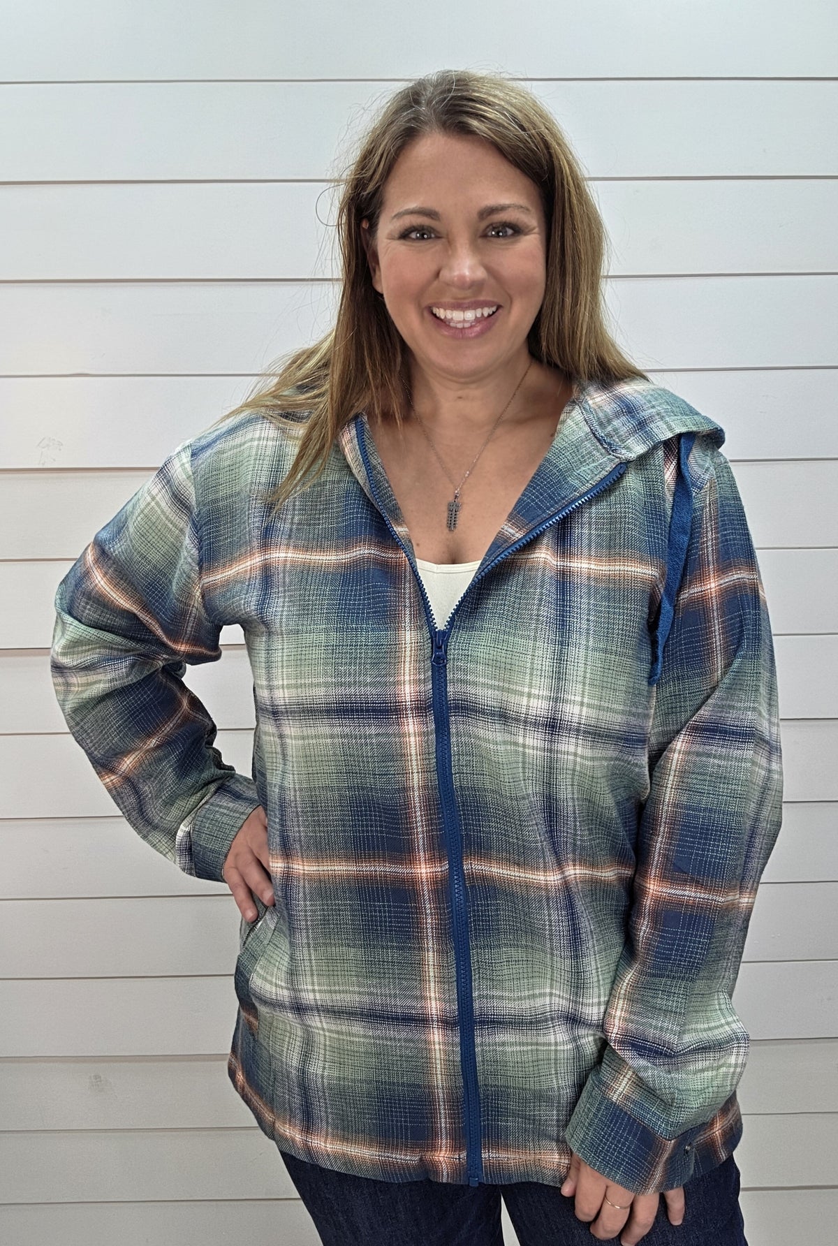 TEAL PLAID ZIP UP HOODED TOP W/ POCKETS