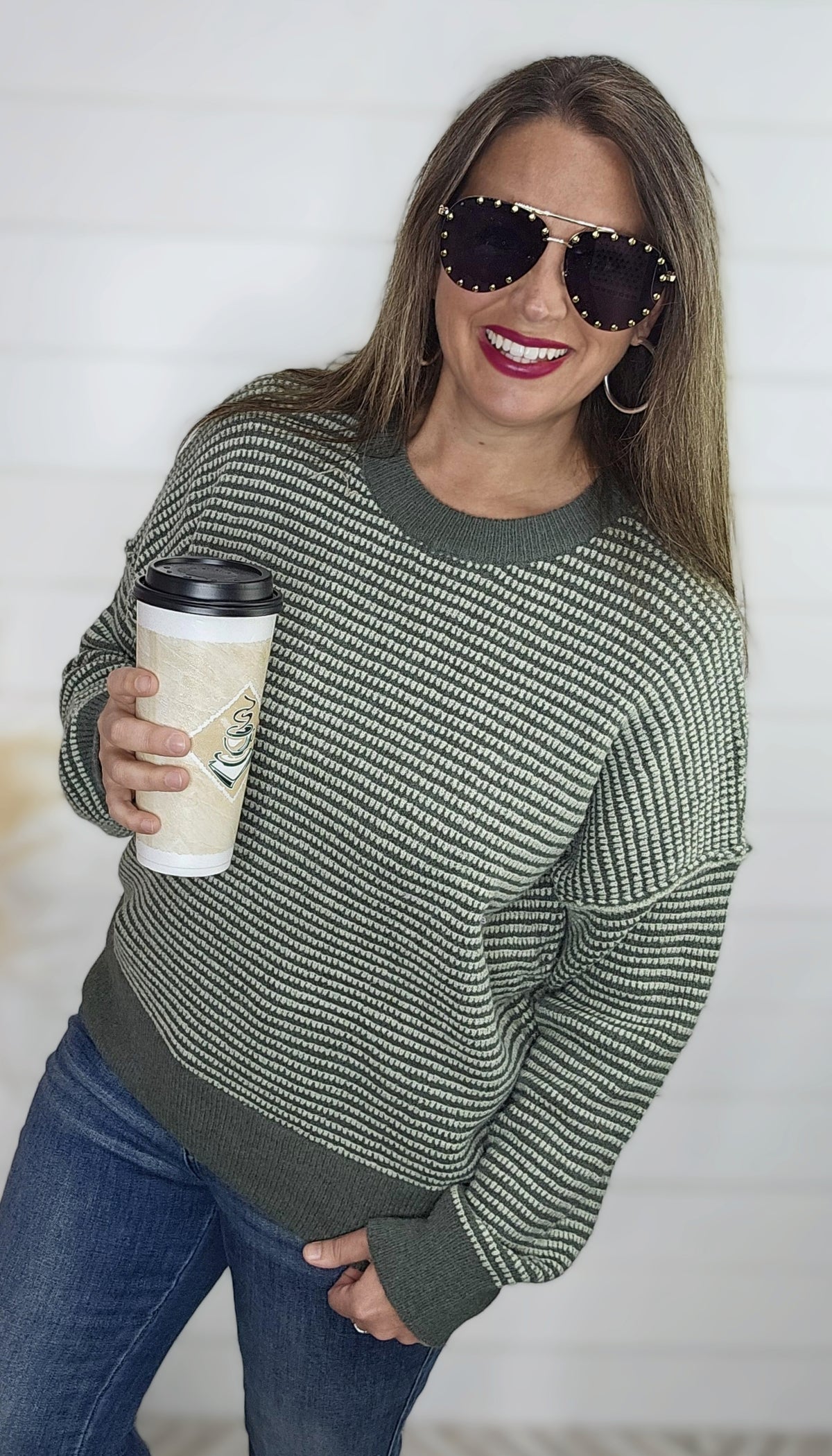 SAGE WAFFLE TEXTURED TWO TONE PULLOVER SWEATER