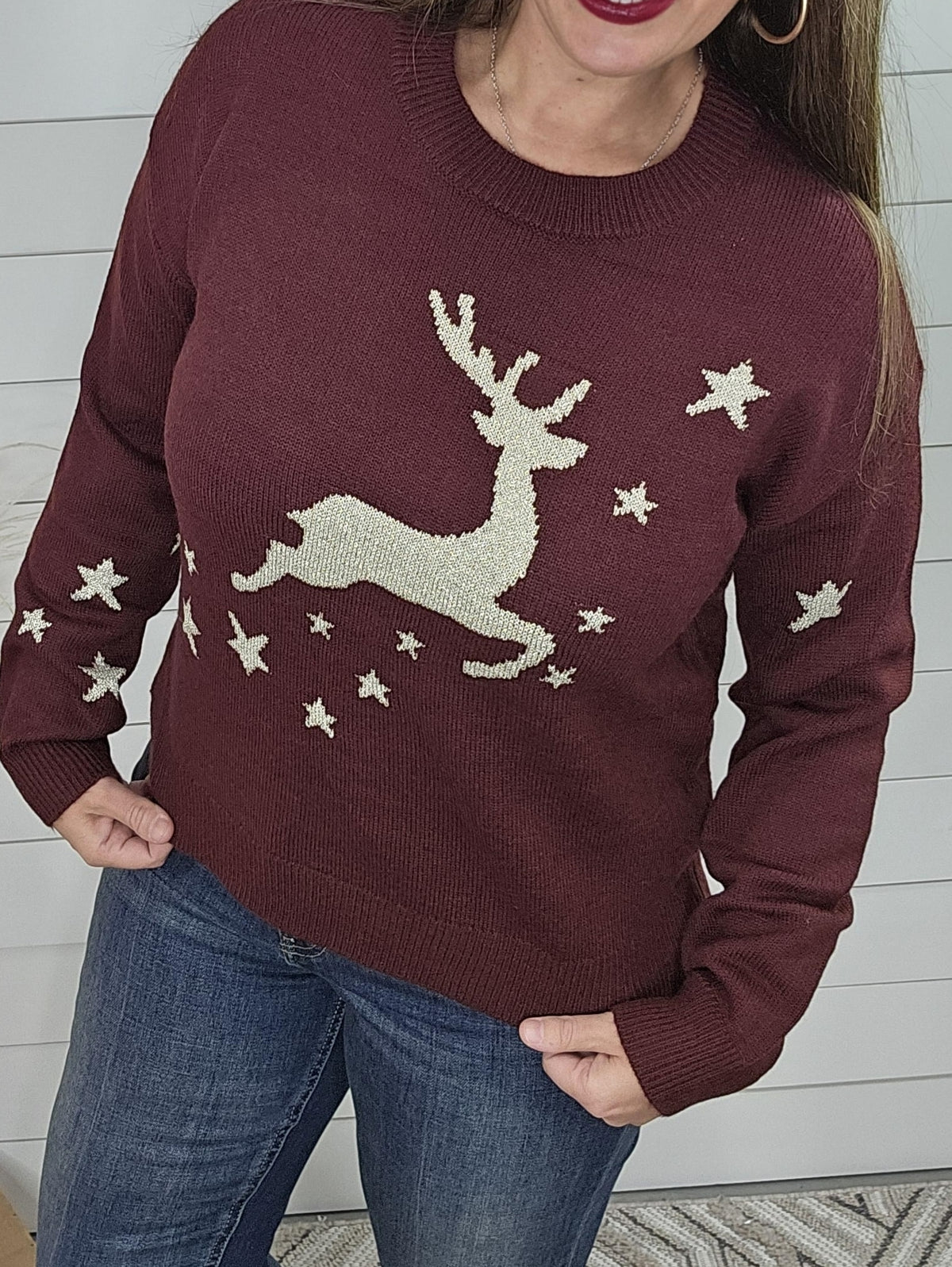 WINE LUXE YARN REINDEER SWEATER