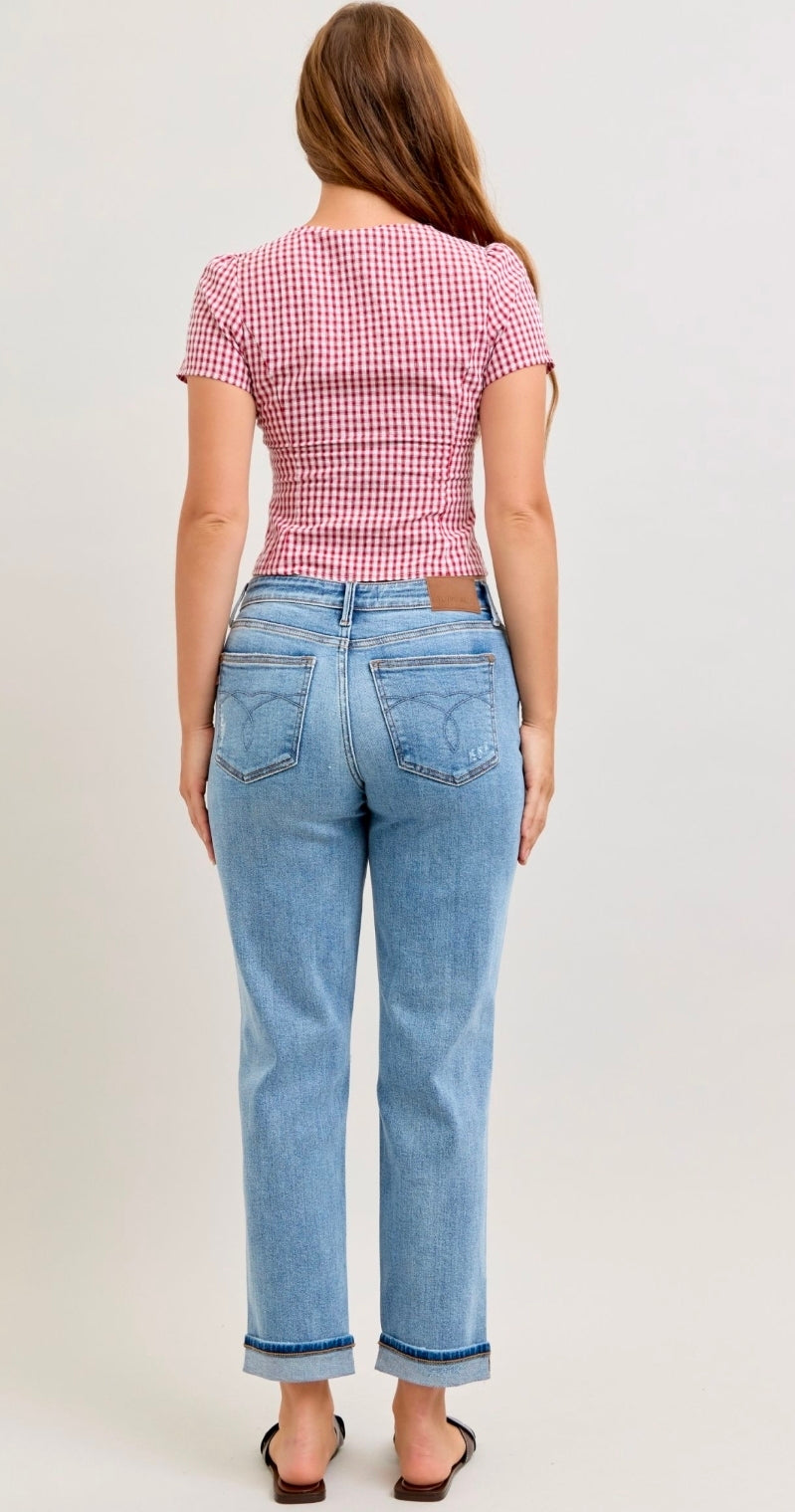 JUDY BLUE  MEDIUM WASH MID RISE BOYFRIEND W/ DISTRESSING