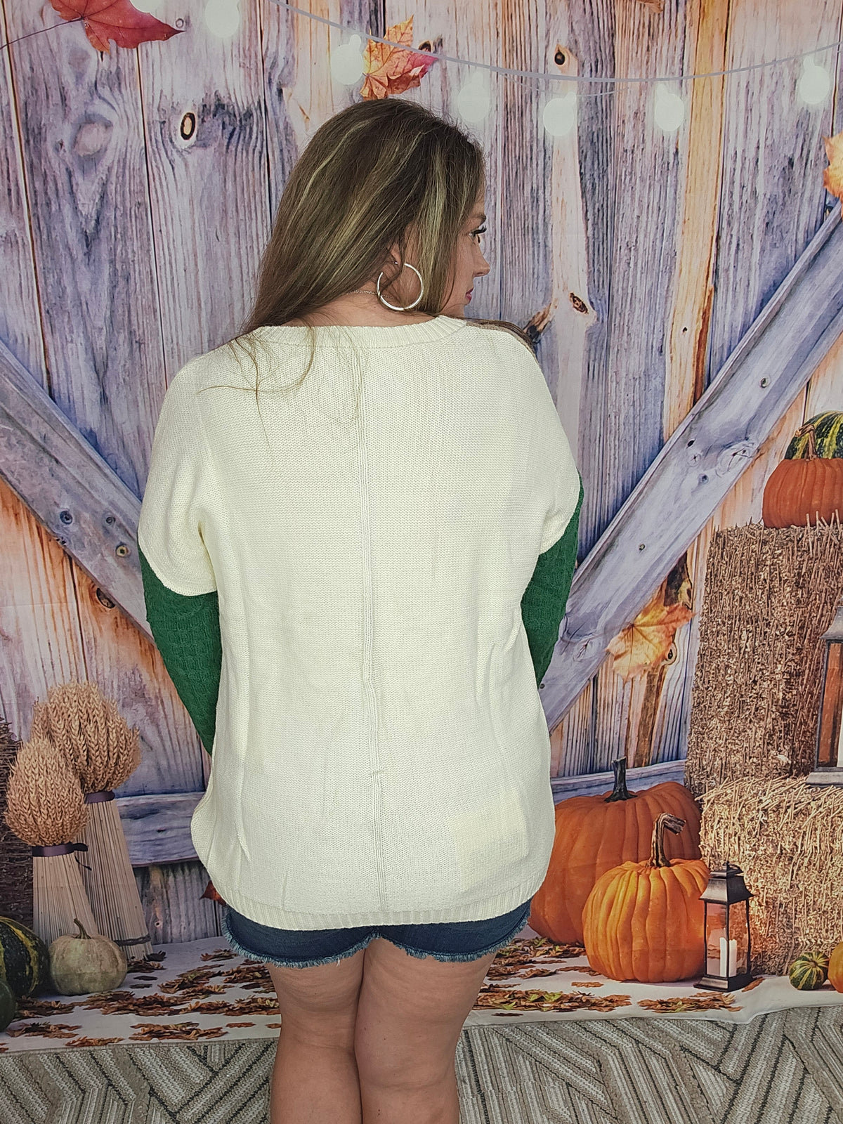 VINEYARD GREEN COLORBLOCK PATCHED POCKET DROP SHOULDER SWEATER