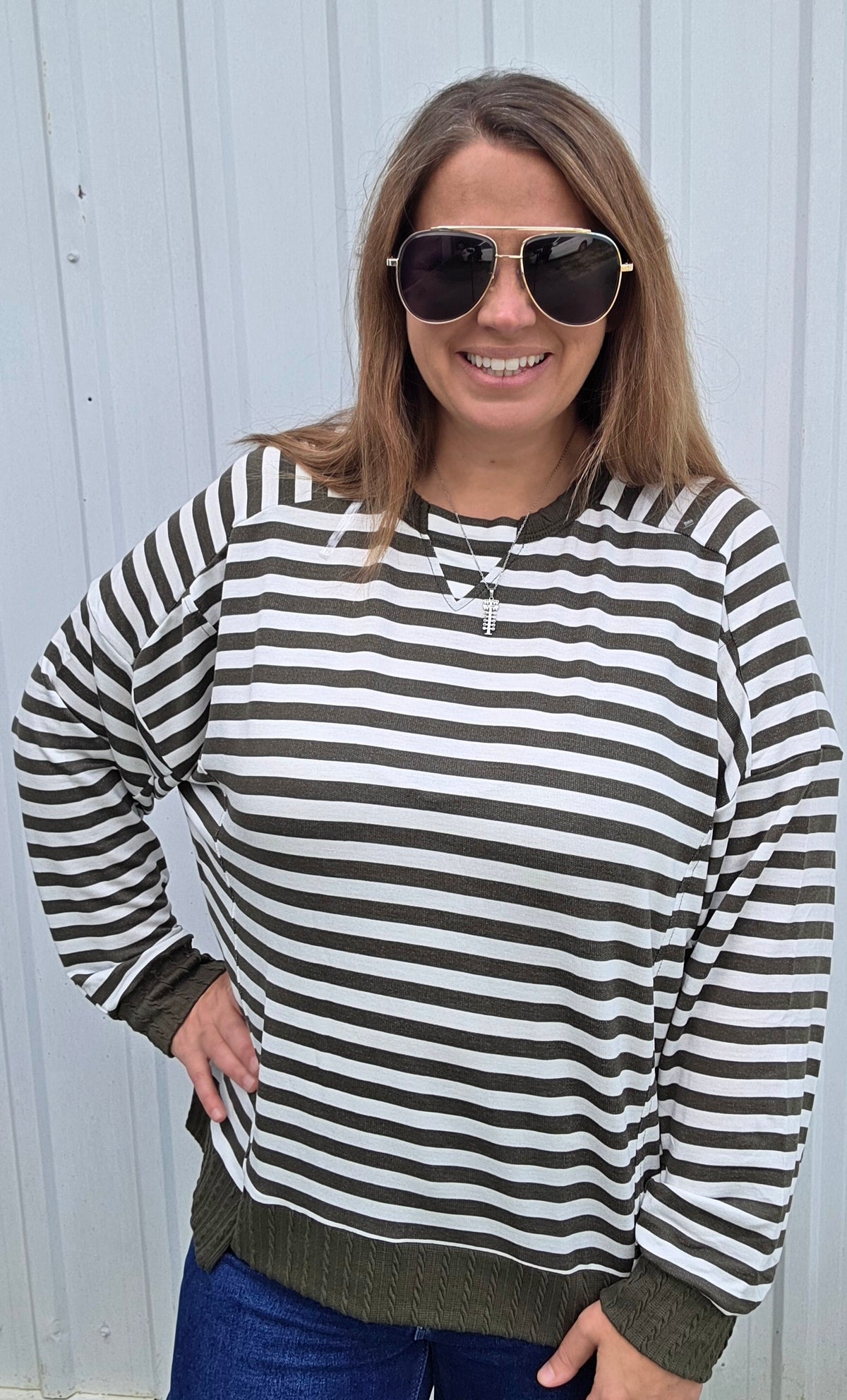 Olive Loose Fit  Long Sleeve Striped Knit Top