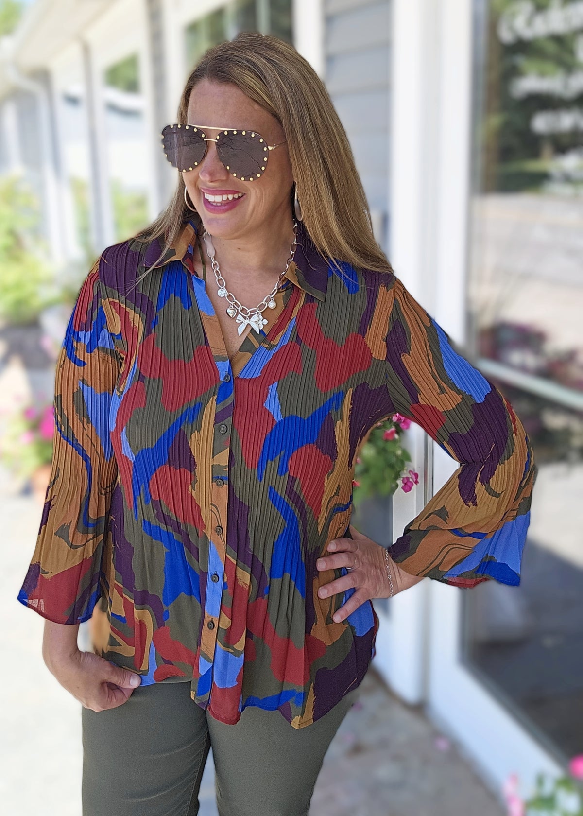 KAREN HART MULTI COLOR LOOSE SMOCKED BUTTON UP BLOUSE